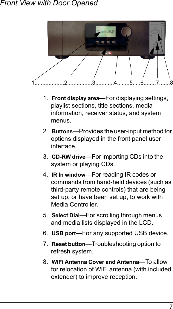  7Front View with Door Opened1.  Front display area—For displaying settings, playlist sections, title sections, media information, receiver status, and system menus.2.  Buttons—Provides the user-input method for options displayed in the front panel user interface.3.  CD-RW drive—For importing CDs into the system or playing CDs.4.  IR In window—For reading IR codes or commands from hand-held devices (such as third-party remote controls) that are being set up, or have been set up, to work with Media Controller.5.  Select Dial—For scrolling through menus and media lists displayed in the LCD.6.  USB port—For any supported USB device.7.  Reset button—Troubleshooting option to refresh system.8.  WiFi Antenna Cover and Antenna—To allow for relocation of WiFi antenna (with included extender) to improve reception.1...................2................3............4........5.....6........7.......8