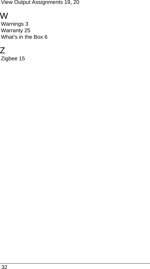  32View Output Assignments 19, 20WWarnings 3Warranty 25What’s in the Box 6ZZigbee 15