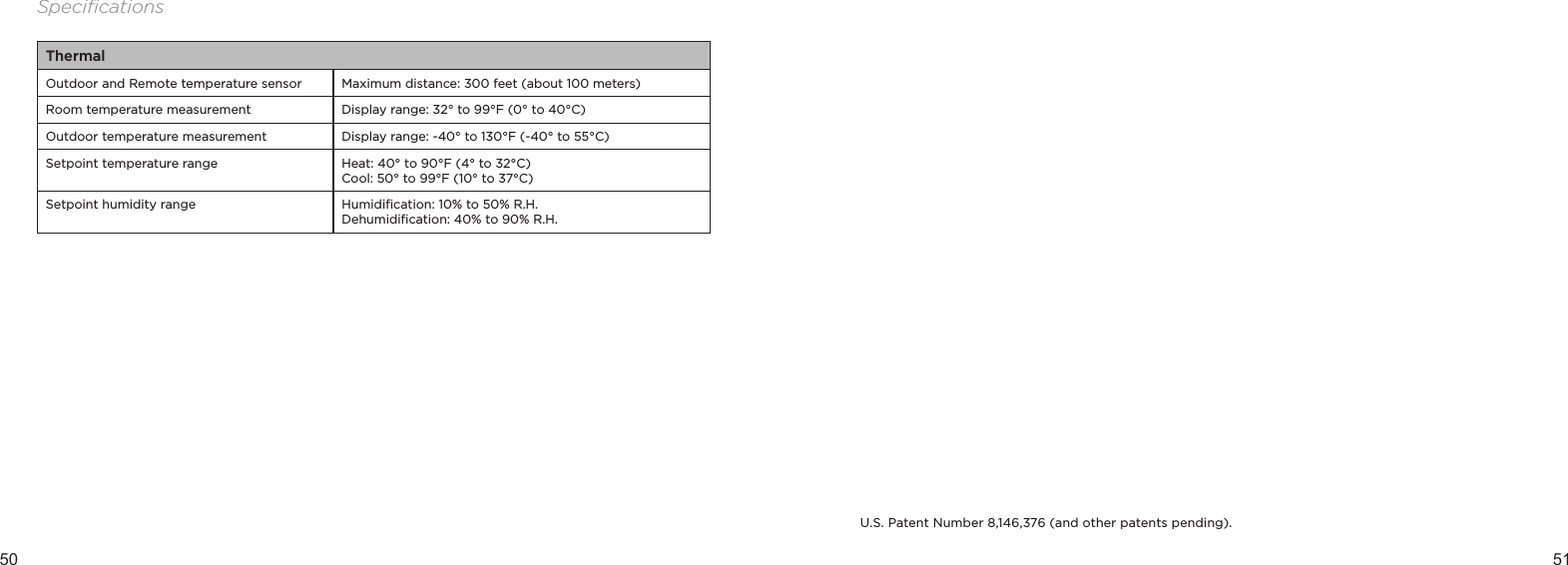 50 51SpeciﬁcationsThermalOutdoor and Remote temperature sensor Maximum distance: 300 feet (about 100 meters)Room temperature measurement Display range: 32° to 99°F (0° to 40°C)Outdoor temperature measurement Display range: -40° to 130°F (-40° to 55°C)Setpoint temperature range Heat: 40° to 90°F (4° to 32°C) Cool: 50° to 99°F (10° to 37°C)Setpoint humidity range Humidiﬁcation: 10% to 50% R.H. Dehumidiﬁcation: 40% to 90% R.H.U.S. Patent Number 8,146,376 (and other patents pending).