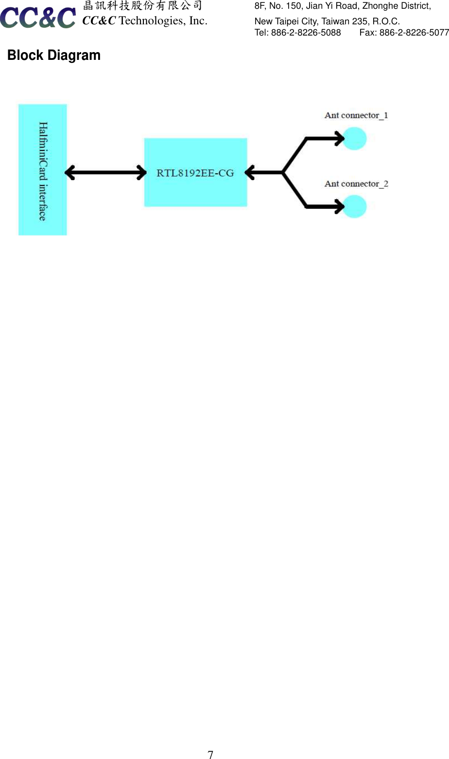  晶訊科技股份有限公司         8F, No. 150, Jian Yi Road, Zhonghe District,   CC&amp;C Technologies, Inc.               New Taipei City, Taiwan 235, R.O.C.   Tel: 886-2-8226-5088        Fax: 886-2-8226-5077   7Block Diagram    