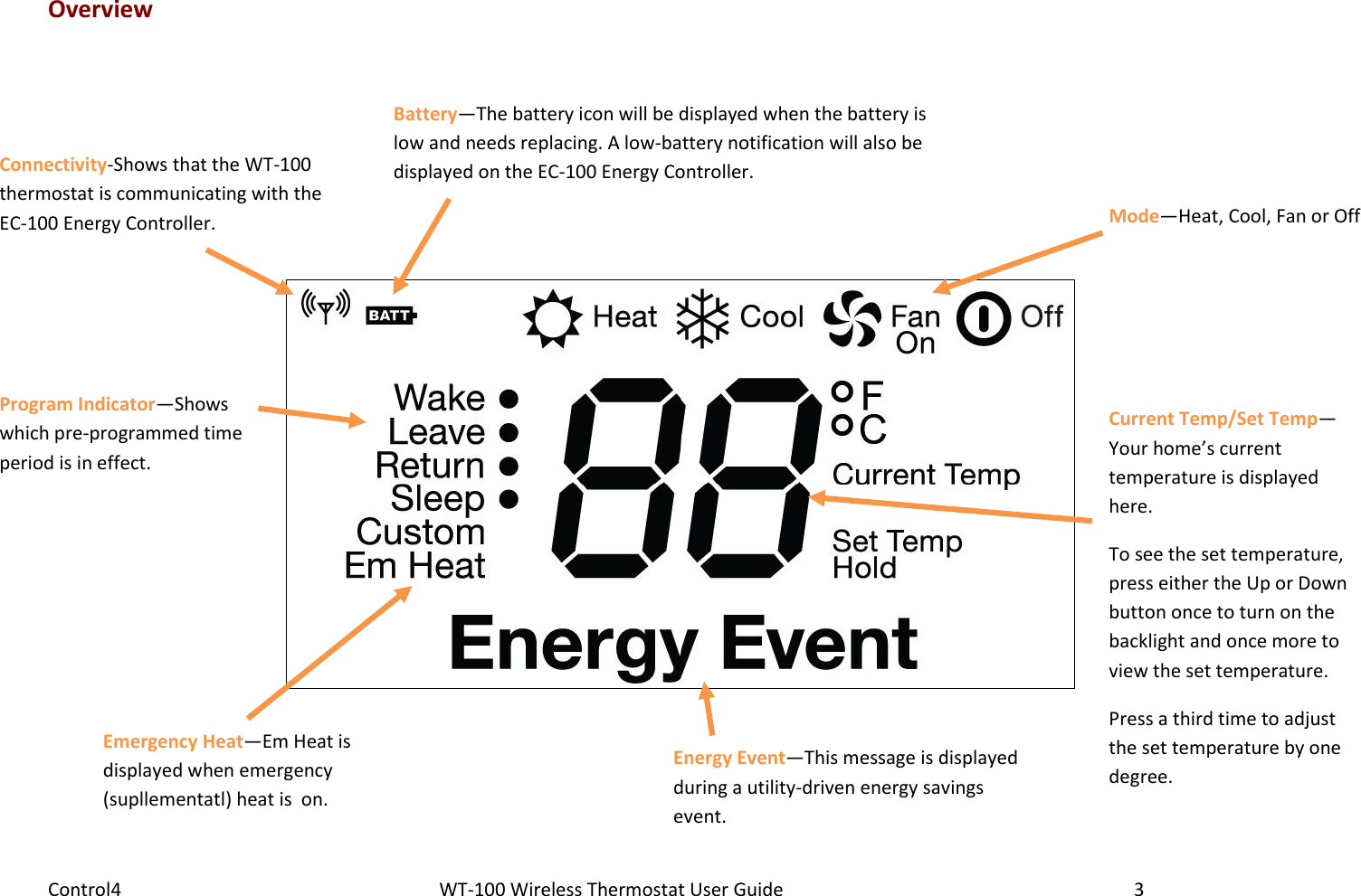 Control4                                                      WT-100 Wireless Thermostat User Guide        3 Overview Mode—Heat, Cool, Fan or Off Battery—The battery icon will be displayed when the battery is low and needs replacing. A low-battery notification will also be displayed on the EC-100 Energy Controller.  Connectivity-Shows that the WT-100 thermostat is communicating with the EC-100 Energy Controller.  Program Indicator—Shows which pre-programmed time period is in effect. Energy Event—This message is displayed during a utility-driven energy savings event.  Emergency Heat—Em Heat is displayed when emergency  (supllementatl) heat is  on.  Current Temp/Set Temp—Your home’s current temperature is displayed here.  To see the set temperature, press either the Up or Down button once to turn on the backlight and once more to view the set temperature.  Press a third time to adjust the set temperature by one degree.  