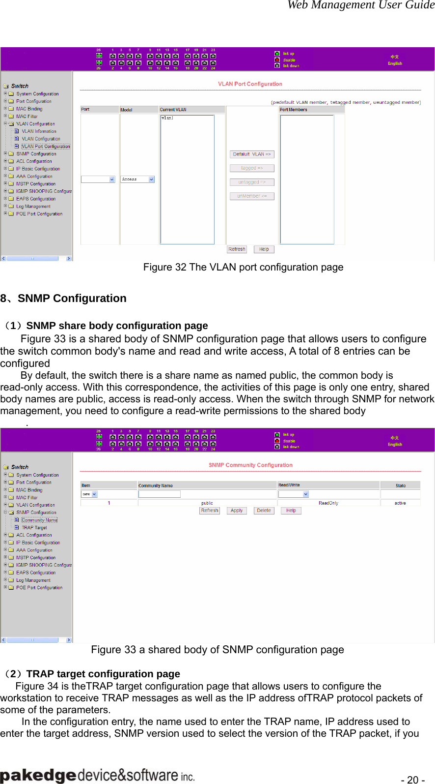 Web Management User Guide    - 20 -  Figure 32 The VLAN port configuration page  8、SNMP Configuration （1）SNMP share body configuration page Figure 33 is a shared body of SNMP configuration page that allows users to configure the switch common body&apos;s name and read and write access, A total of 8 entries can be configured By default, the switch there is a share name as named public, the common body is read-only access. With this correspondence, the activities of this page is only one entry, shared body names are public, access is read-only access. When the switch through SNMP for network management, you need to configure a read-write permissions to the shared body  .  Figure 33 a shared body of SNMP configuration page       （2）TRAP target configuration page       Figure 34 is theTRAP target configuration page that allows users to configure the workstation to receive TRAP messages as well as the IP address ofTRAP protocol packets of some of the parameters. In the configuration entry, the name used to enter the TRAP name, IP address used to enter the target address, SNMP version used to select the version of the TRAP packet, if you 