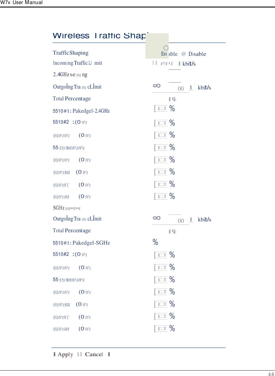 W7x  User Manual 48   ping      Wireless Traffic Sha 。En   TraffîcShaping  able  @ Disable I ncomi ng Traffic Li mit |1削 | kbit/s 2.4GHz se而ng OutgoÎng Tra而cLÎmit ∞   00   | kbit/s  Total Percentage  5510 #1: Pakedgel-2.4GHz   回 |% % 5510 #2 :(0的 回%  弱的的  (0的 回%  55仿制約的 回%  弱的的  (0的 回%  弱的描 (0的 回%  弱的盯  (0的 回%  弱的甜  (0的 回% SGHz 扭呵呵    OutgoÎng Tra而cLÎmit ∞   00   | kbit/s Total Percentage  |%  5510 #1: Pakedgel-SGHz %  持  5510 #2 :(0的 回%  弱的的  (0的 回%  55仿制約的 回%  弱的的  (0的 回%  弱的描 (0的 回%  弱的盯  (0的 回%  弱的甜  (0的 回% | Appl y  11 Cancel   | 