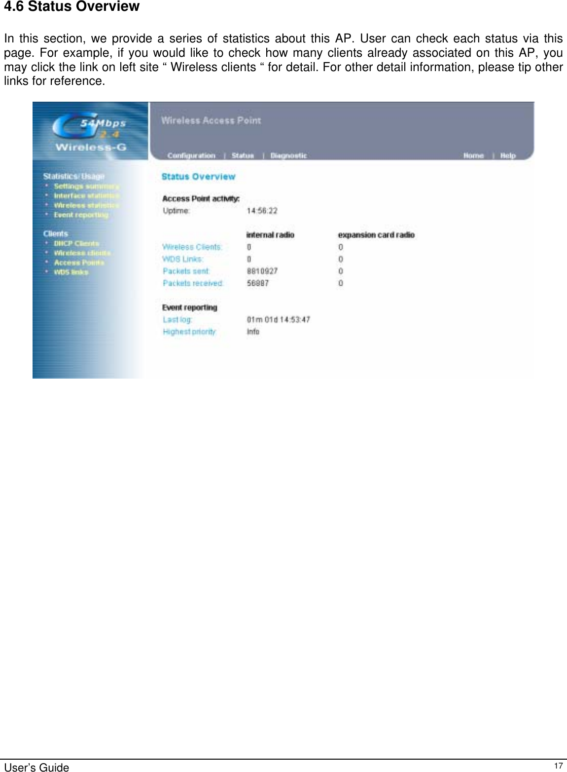                                                                                                                                                                                                                                                                                                                                                                                           User’s Guide   174.6 Status Overview  In this section, we provide a series of statistics about this AP. User can check each status via this page. For example, if you would like to check how many clients already associated on this AP, you may click the link on left site “ Wireless clients “ for detail. For other detail information, please tip other links for reference.     