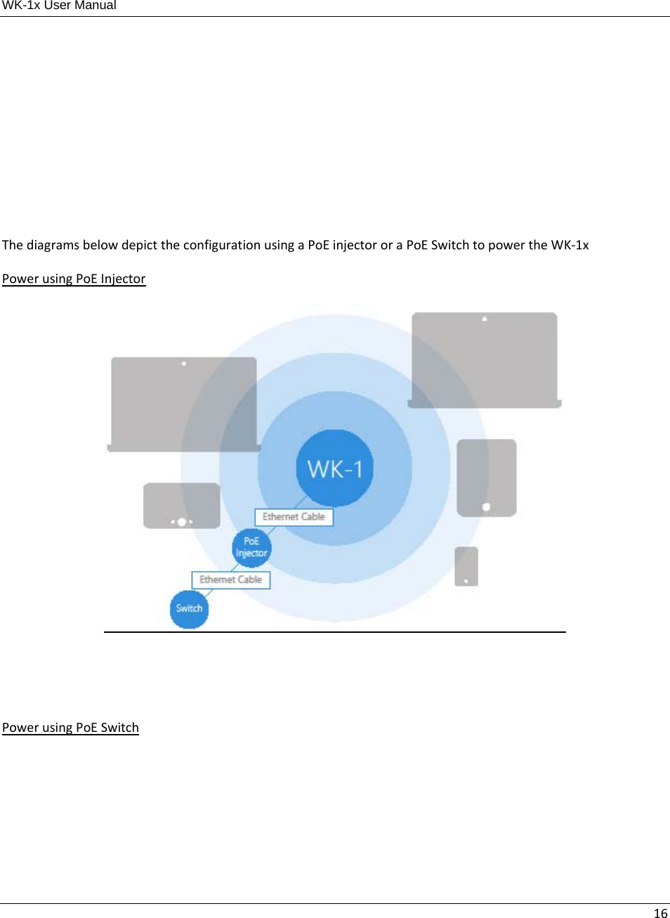 WK-1x User Manual 16ThediagramsbelowdepicttheconfigurationusingaPoEinjectororaPoESwitchtopowertheWK‐1xPowerusingPoEInjectorPowerusingPoESwitch