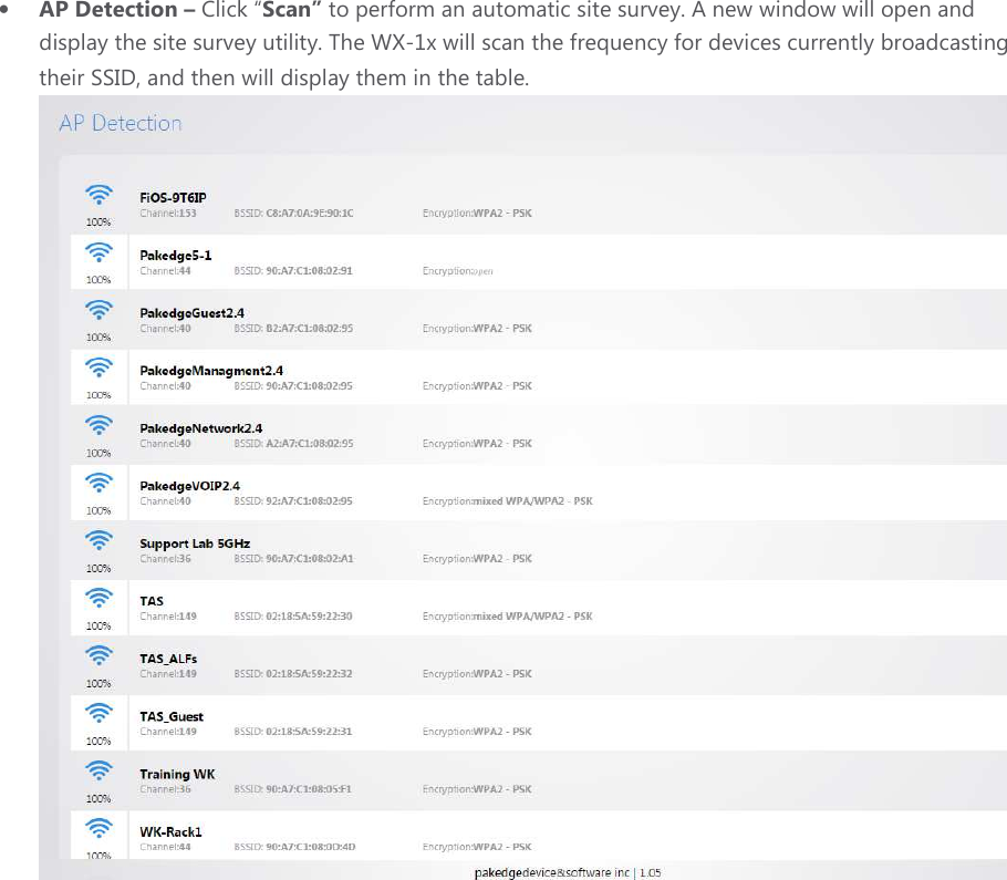 • AP Detection – Click “Scan” to perform an automatic site survey. A new window will open and display the site survey utility. The WX-1x will scan the frequency for devices currently broadcasting their SSID, and then will display them in the table.          