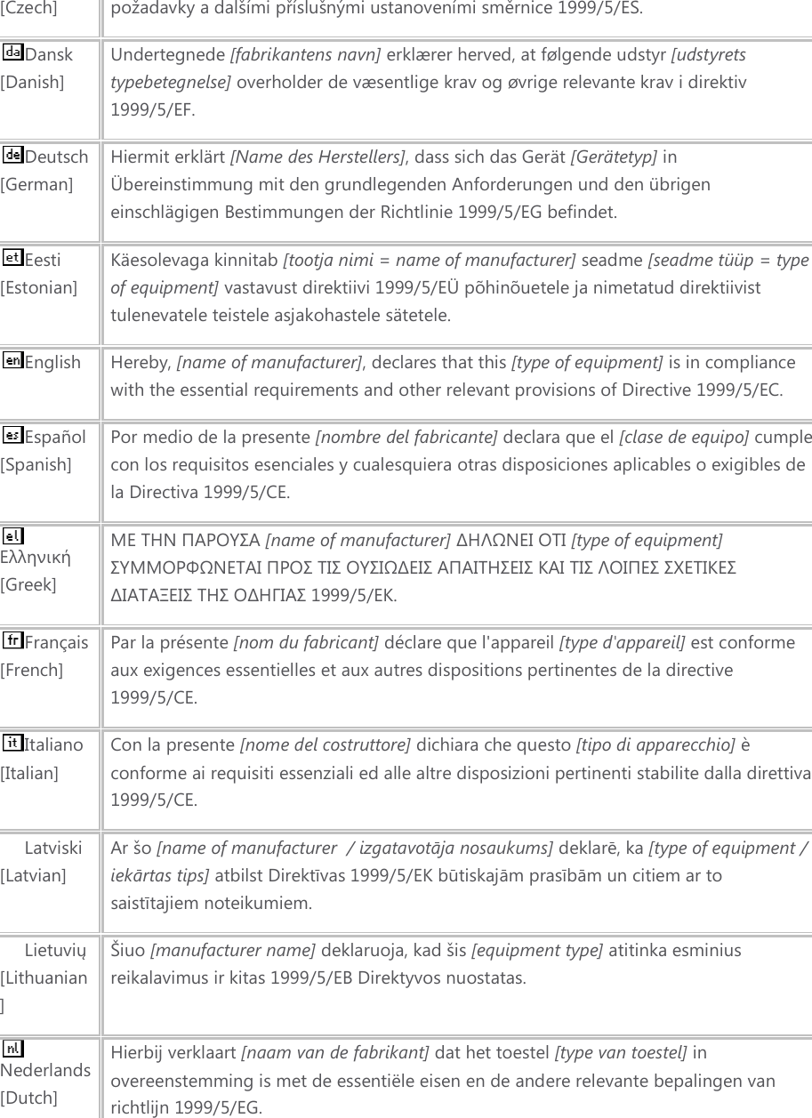 [Czech] požadavky a dalšími příslušnými ustanoveními směrnice 1999/5/ES. Dansk [Danish] Undertegnede [fabrikantens navn] erklærer herved, at følgende udstyr [udstyrets typebetegnelse] overholder de væsentlige krav og øvrige relevante krav i direktiv 1999/5/EF. Deutsch [German] Hiermit erklärt [Name des Herstellers], dass sich das Gerät [Gerätetyp] in Übereinstimmung mit den grundlegenden Anforderungen und den übrigen einschlägigen Bestimmungen der Richtlinie 1999/5/EG befindet. Eesti [Estonian] Käesolevaga kinnitab [tootja nimi = name of manufacturer] seadme [seadme tüüp = type of equipment] vastavust direktiivi 1999/5/EÜ põhinõuetele ja nimetatud direktiivist tulenevatele teistele asjakohastele sätetele. English Hereby, [name of manufacturer], declares that this [type of equipment] is in compliance with the essential requirements and other relevant provisions of Directive 1999/5/EC. Español [Spanish] Por medio de la presente [nombre del fabricante] declara que el [clase de equipo] cumple con los requisitos esenciales y cualesquiera otras disposiciones aplicables o exigibles de la Directiva 1999/5/CE. Ελληνική [Greek] ΜΕ ΤΗΝ ΠΑΡΟΥΣΑ [name of manufacturer] ∆ΗΛΩΝΕΙ ΟΤΙ [type of equipment] ΣΥΜΜΟΡΦΩΝΕΤΑΙ ΠΡΟΣ ΤΙΣ ΟΥΣΙΩ∆ΕΙΣ ΑΠΑΙΤΗΣΕΙΣ ΚΑΙ ΤΙΣ ΛΟΙΠΕΣ ΣΧΕΤΙΚΕΣ ∆ΙΑΤΑΞΕΙΣ ΤΗΣ Ο∆ΗΓΙΑΣ 1999/5/ΕΚ. Français [French] Par la présente [nom du fabricant] déclare que l&apos;appareil [type d&apos;appareil] est conforme aux exigences essentielles et aux autres dispositions pertinentes de la directive 1999/5/CE. Italiano [Italian] Con la presente [nome del costruttore] dichiara che questo [tipo di apparecchio] è conforme ai requisiti essenziali ed alle altre disposizioni pertinenti stabilite dalla direttiva 1999/5/CE. Latviski [Latvian] Ar šo [name of manufacturer  / izgatavotāja nosaukums] deklarē, ka [type of equipment / iekārtas tips] atbilst Direktīvas 1999/5/EK būtiskajām prasībām un citiem ar to saistītajiem noteikumiem. Lietuvių [Lithuanian]  Šiuo [manufacturer name] deklaruoja, kad šis [equipment type] atitinka esminius reikalavimus ir kitas 1999/5/EB Direktyvos nuostatas. Nederlands [Dutch] Hierbij verklaart [naam van de fabrikant] dat het toestel [type van toestel] in overeenstemming is met de essentiële eisen en de andere relevante bepalingen van richtlijn 1999/5/EG. 