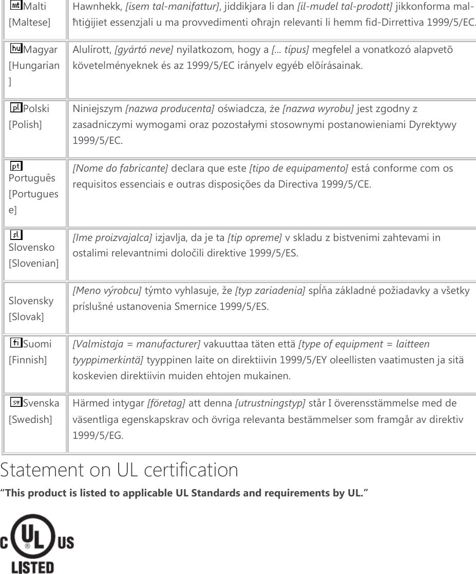 Malti [Maltese] Hawnhekk, [isem tal-manifattur], jiddikjara li dan [il-mudel tal-prodott] jikkonforma mal-ħtiġijiet essenzjali u ma provvedimenti oħrajn relevanti li hemm fid-Dirrettiva 1999/5/EC. Magyar [Hungarian] Alulírott, [gyártó neve] nyilatkozom, hogy a [... típus] megfelel a vonatkozó alapvetõ követelményeknek és az 1999/5/EC irányelv egyéb elõírásainak. Polski [Polish] Niniejszym [nazwa producenta] oświadcza, że [nazwa wyrobu] jest zgodny z zasadniczymi wymogami oraz pozostałymi stosownymi postanowieniami Dyrektywy 1999/5/EC. Português [Portuguese] [Nome do fabricante] declara que este [tipo de equipamento] está conforme com os requisitos essenciais e outras disposições da Directiva 1999/5/CE. Slovensko [Slovenian] [Ime proizvajalca] izjavlja, da je ta [tip opreme] v skladu z bistvenimi zahtevami in ostalimi relevantnimi določili direktive 1999/5/ES. Slovensky [Slovak] [Meno výrobcu] týmto vyhlasuje, že [typ zariadenia] spĺňa základné požiadavky a všetky príslušné ustanovenia Smernice 1999/5/ES. Suomi [Finnish] [Valmistaja = manufacturer] vakuuttaa täten että [type of equipment = laitteen tyyppimerkintä] tyyppinen laite on direktiivin 1999/5/EY oleellisten vaatimusten ja sitä koskevien direktiivin muiden ehtojen mukainen. Svenska [Swedish] Härmed intygar [företag] att denna [utrustningstyp] står I överensstämmelse med de väsentliga egenskapskrav och övriga relevanta bestämmelser som framgår av direktiv 1999/5/EG. Statement on UL certification “This product is listed to applicable UL Standards and requirements by UL.”      