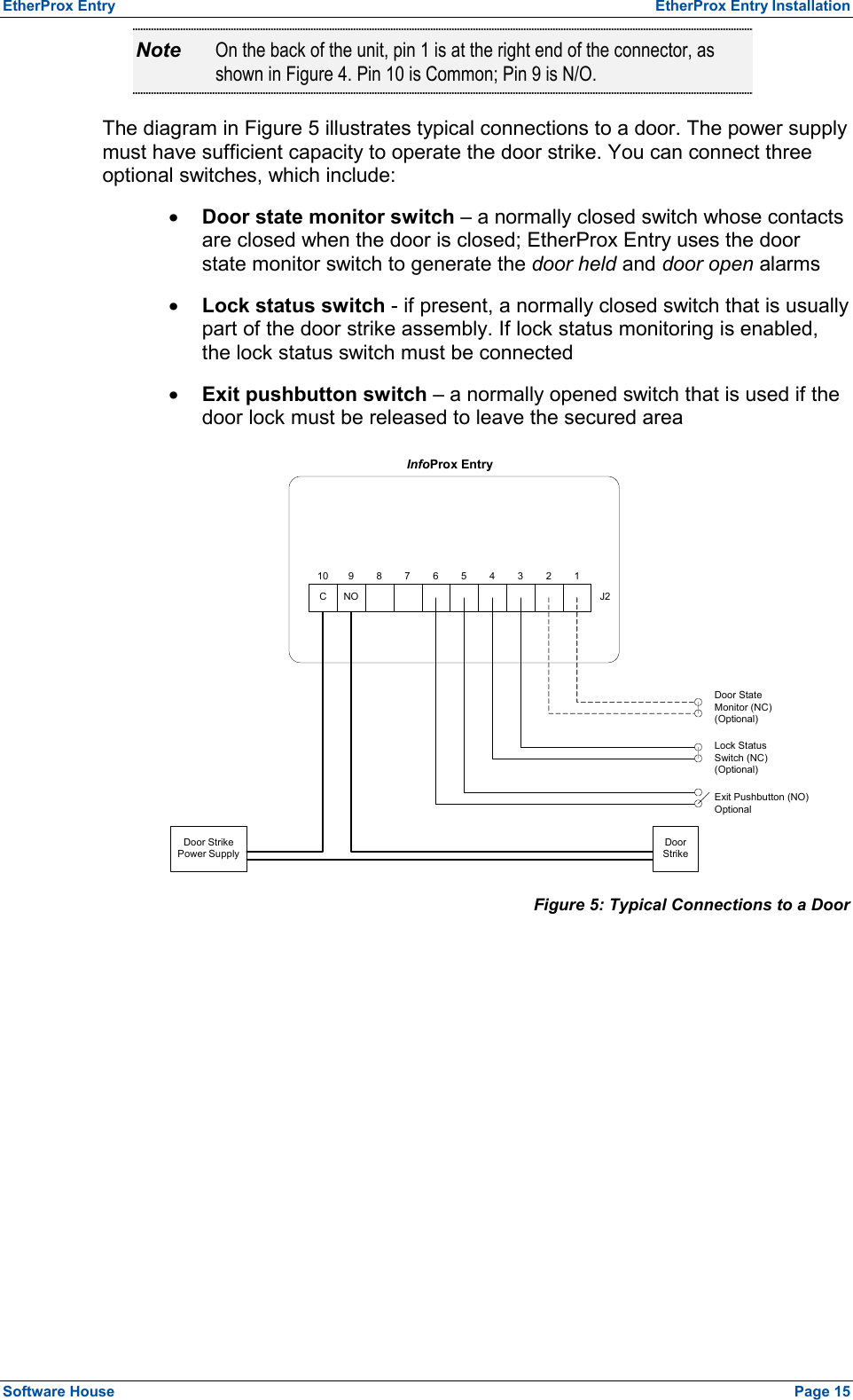 EtherProx Entry   EtherProx Entry Installation Note  On the back of the unit, pin 1 is at the right end of the connector, as shown in Figure 4. Pin 10 is Common; Pin 9 is N/O. The diagram in Figure 5 illustrates typical connections to a door. The power supply must have sufficient capacity to operate the door strike. You can connect three optional switches, which include: ·  Door state monitor switch – a normally closed switch whose contacts are closed when the door is closed; EtherProx Entry uses the door state monitor switch to generate the door held and door open alarms ·  Lock status switch - if present, a normally closed switch that is usually part of the door strike assembly. If lock status monitoring is enabled, the lock status switch must be connected ·  Exit pushbutton switch – a normally opened switch that is used if the door lock must be released to leave the secured area CNO J212345678910InfoProx EntryDoor StateMonitor (NC)(Optional)Lock StatusSwitch (NC)(Optional)Exit Pushbutton (NO)OptionalDoorStrikeDoor StrikePower Supply  Figure 5: Typical Connections to a Door Software House    Page 15 