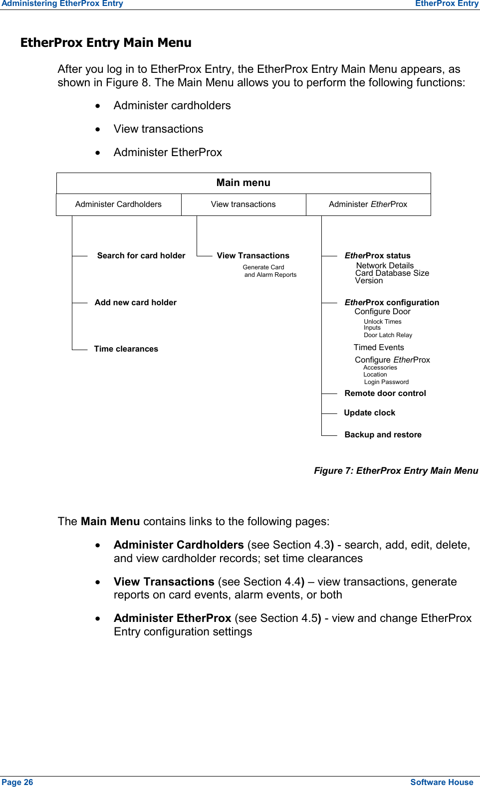 Administering EtherProx Entry  EtherProx Entry EtherProx Entry Main Menu After you log in to EtherProx Entry, the EtherProx Entry Main Menu appears, as shown in Figure 8. The Main Menu allows you to perform the following functions: ·  Administer cardholders ·  View transactions ·  Administer EtherProx Main menuAdminister Cardholders View transactions Administer EtherProxSearch for card holderAdd new card holderTime clearancesView Transactions EtherProx statusEtherProx configurationRemote door controlUpdate clockBackup and restoreGenerate Card and Alarm ReportsNetwork DetailsCard Database SizeVersionConfigure DoorTimed EventsConfigure EtherProxUnlock TimesInputsDoor Latch RelayAccessoriesLocationLogin Password Figure 7: EtherProx Entry Main Menu  The Main Menu contains links to the following pages: ·  Administer Cardholders (see Section 4.3) - search, add, edit, delete, and view cardholder records; set time clearances ·  View Transactions (see Section 4.4) – view transactions, generate reports on card events, alarm events, or both ·  Administer EtherProx (see Section 4.5) - view and change EtherProx Entry configuration settings Page 26  Software House 