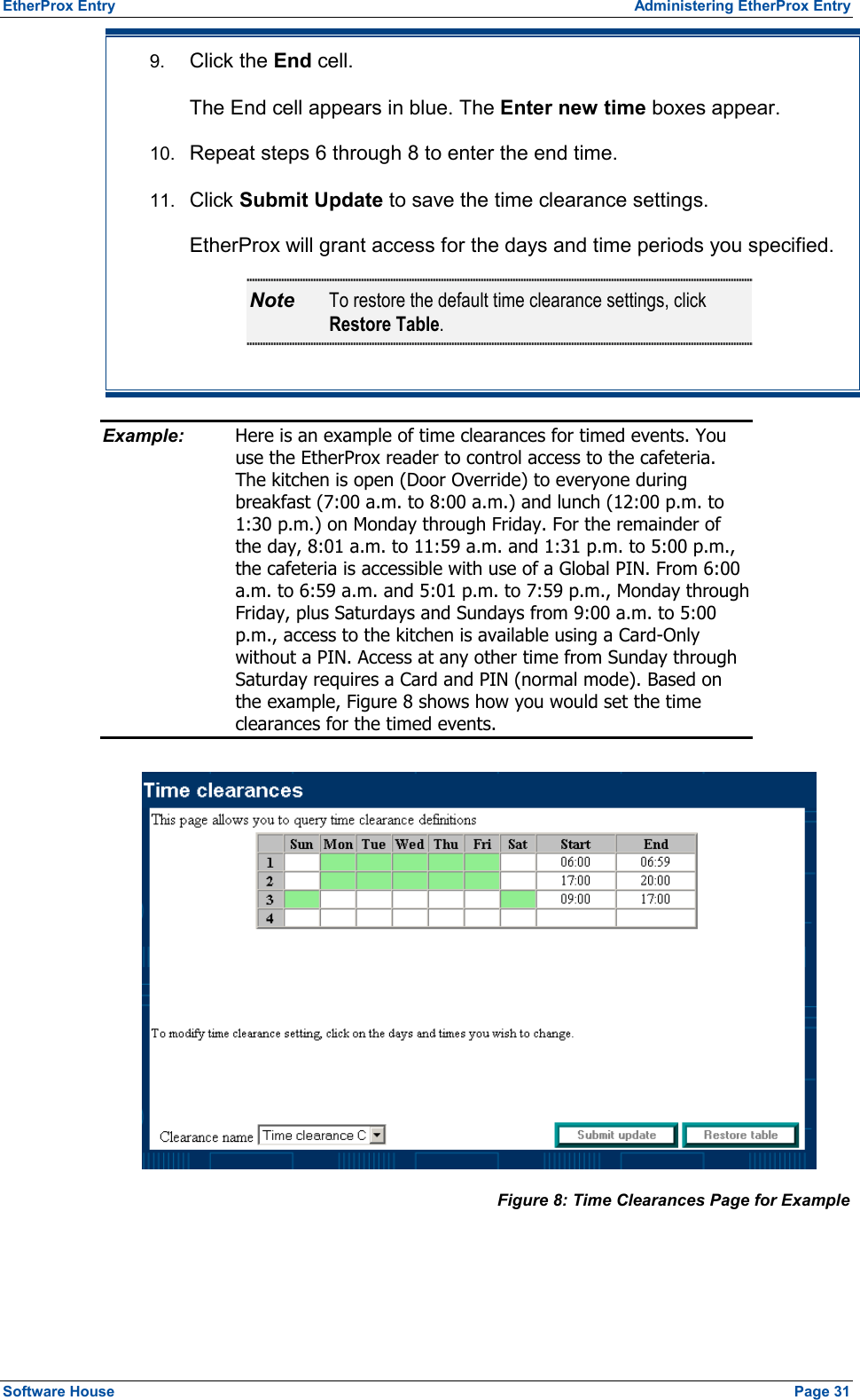 EtherProx Entry  Administering EtherProx Entry 9.  Click the End cell. The End cell appears in blue. The Enter new time boxes appear. 10.  Repeat steps 6 through 8 to enter the end time. 11.  Click Submit Update to save the time clearance settings. EtherProx will grant access for the days and time periods you specified. Note  To restore the default time clearance settings, click Restore Table. Example:  Here is an example of time clearances for timed events. You use the EtherProx reader to control access to the cafeteria. The kitchen is open (Door Override) to everyone during breakfast (7:00 a.m. to 8:00 a.m.) and lunch (12:00 p.m. to 1:30 p.m.) on Monday through Friday. For the remainder of the day, 8:01 a.m. to 11:59 a.m. and 1:31 p.m. to 5:00 p.m., the cafeteria is accessible with use of a Global PIN. From 6:00 a.m. to 6:59 a.m. and 5:01 p.m. to 7:59 p.m., Monday through Friday, plus Saturdays and Sundays from 9:00 a.m. to 5:00 p.m., access to the kitchen is available using a Card-Only without a PIN. Access at any other time from Sunday through Saturday requires a Card and PIN (normal mode). Based on the example, Figure 8 shows how you would set the time clearances for the timed events.  Figure 8: Time Clearances Page for Example Software House    Page 31 