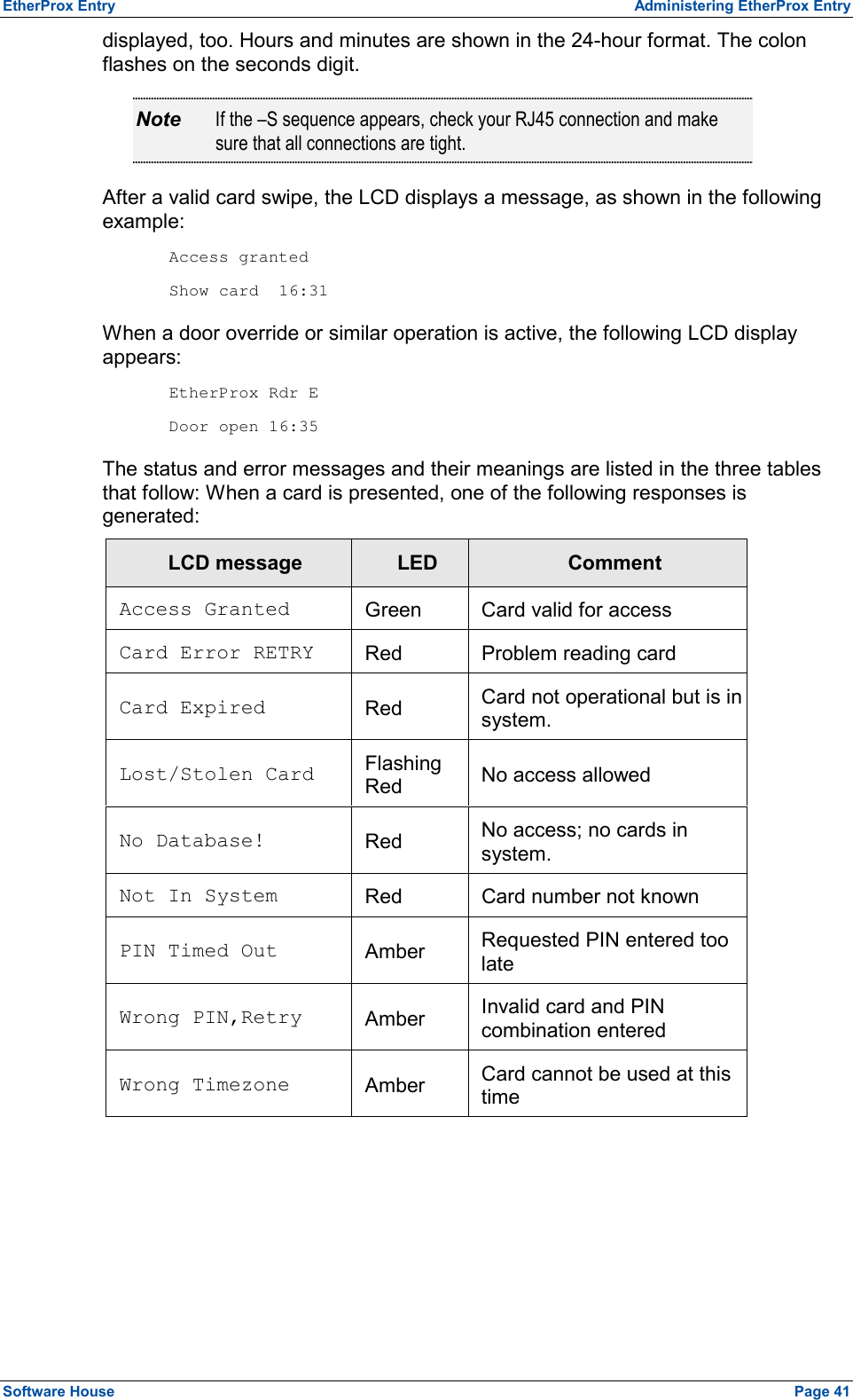 EtherProx Entry  Administering EtherProx Entry displayed, too. Hours and minutes are shown in the 24-hour format. The colon flashes on the seconds digit. Note  If the –S sequence appears, check your RJ45 connection and make sure that all connections are tight. After a valid card swipe, the LCD displays a message, as shown in the following example:  Access granted  Show card  16:31 When a door override or similar operation is active, the following LCD display appears:  EtherProx Rdr E  Door open 16:35 The status and error messages and their meanings are listed in the three tables that follow: When a card is presented, one of the following responses is generated: LCD message  LED  Comment Access Granted  Green  Card valid for access Card Error RETRY  Red  Problem reading card Card Expired Red  Card not operational but is in system. Lost/Stolen Card  Flashing Red  No access allowed No Database!  Red  No access; no cards in system. Not In System  Red  Card number not known PIN Timed Out  Amber  Requested PIN entered too late Wrong PIN,Retry  Amber  Invalid card and PIN combination entered Wrong Timezone  Amber  Card cannot be used at this time  Software House    Page 41 