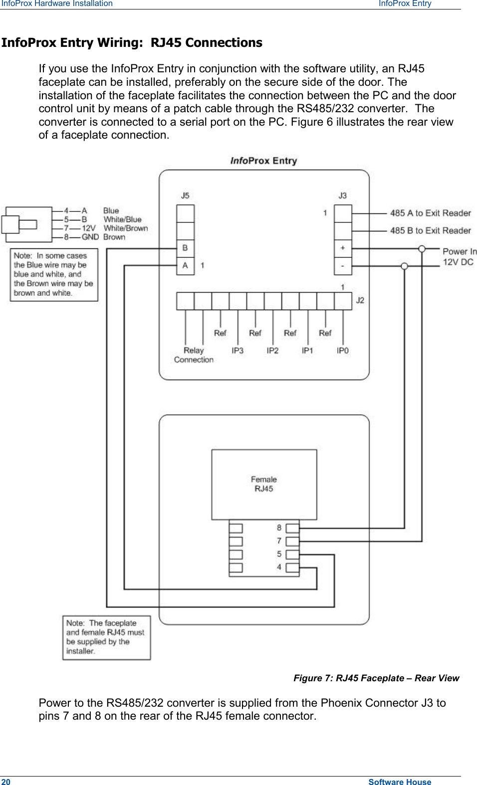 InfoProx Hardware Installation   InfoProx Entry   InfoProx Entry Wiring:  RJ45 Connections If you use the InfoProx Entry in conjunction with the software utility, an RJ45 faceplate can be installed, preferably on the secure side of the door. The installation of the faceplate facilitates the connection between the PC and the door control unit by means of a patch cable through the RS485/232 converter.  The converter is connected to a serial port on the PC. Figure 6 illustrates the rear view of a faceplate connection.   Figure 7: RJ45 Faceplate – Rear View Power to the RS485/232 converter is supplied from the Phoenix Connector J3 to pins 7 and 8 on the rear of the RJ45 female connector. 20  Software House 