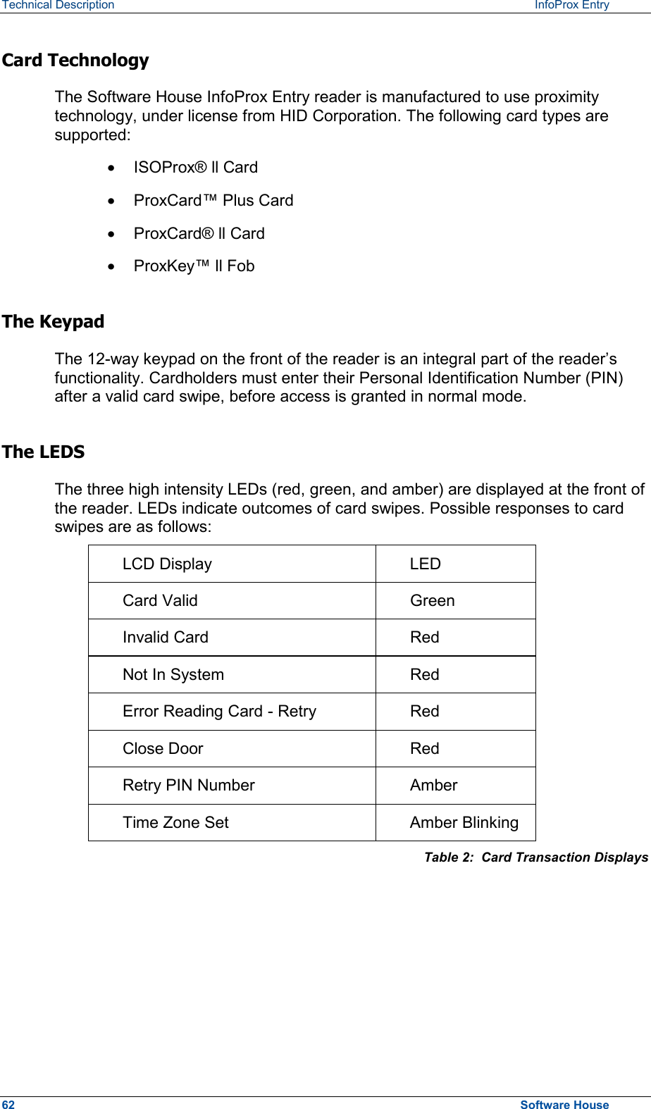 Technical Description   InfoProx Entry Card Technology The Software House InfoProx Entry reader is manufactured to use proximity technology, under license from HID Corporation. The following card types are supported: ·  ISOProx® ll Card ·  ProxCard™ Plus Card ·  ProxCard® ll Card ·  ProxKey™ ll Fob The Keypad The 12-way keypad on the front of the reader is an integral part of the reader’s functionality. Cardholders must enter their Personal Identification Number (PIN) after a valid card swipe, before access is granted in normal mode.  The LEDS The three high intensity LEDs (red, green, and amber) are displayed at the front of the reader. LEDs indicate outcomes of card swipes. Possible responses to card swipes are as follows:  LCD Display  LED Card Valid  Green Invalid Card  Red Not In System  Red Error Reading Card - Retry  Red Close Door  Red Retry PIN Number  Amber Time Zone Set  Amber Blinking Table 2:  Card Transaction Displays 62  Software House 