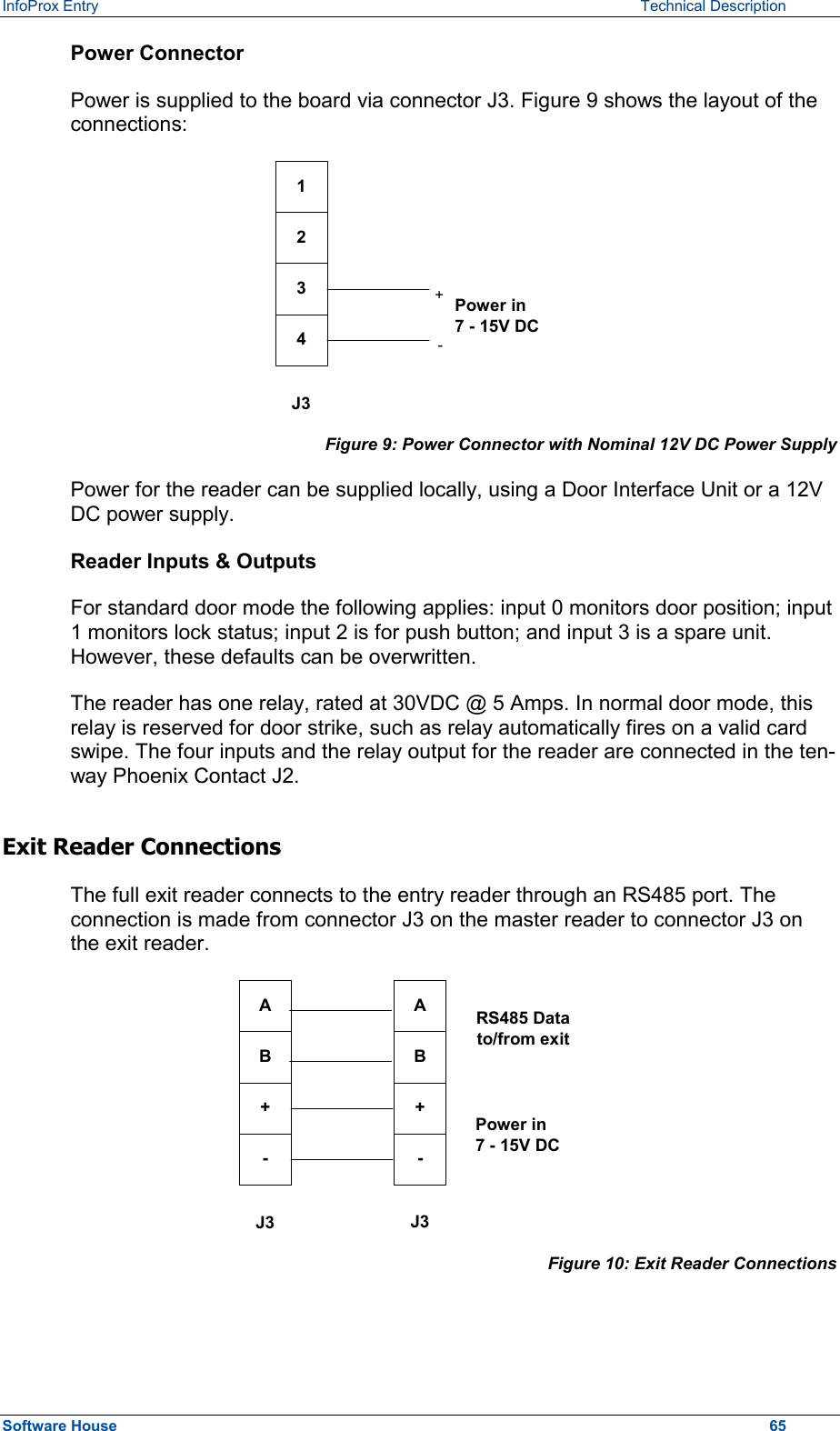 InfoProx Entry   Technical Description Power Connector Power is supplied to the board via connector J3. Figure 9 shows the layout of the connections: 1234J3+-Power in7 - 15V DC Figure 9: Power Connector with Nominal 12V DC Power Supply Power for the reader can be supplied locally, using a Door Interface Unit or a 12V DC power supply.  Reader Inputs &amp; Outputs For standard door mode the following applies: input 0 monitors door position; input 1 monitors lock status; input 2 is for push button; and input 3 is a spare unit. However, these defaults can be overwritten. The reader has one relay, rated at 30VDC @ 5 Amps. In normal door mode, this relay is reserved for door strike, such as relay automatically fires on a valid card swipe. The four inputs and the relay output for the reader are connected in the ten-way Phoenix Contact J2. Exit Reader Connections The full exit reader connects to the entry reader through an RS485 port. The connection is made from connector J3 on the master reader to connector J3 on the exit reader. AB+-J3Power in7 - 15V DCRS485 Datato/from exitAB+-J3  Figure 10: Exit Reader Connections Software House    65 