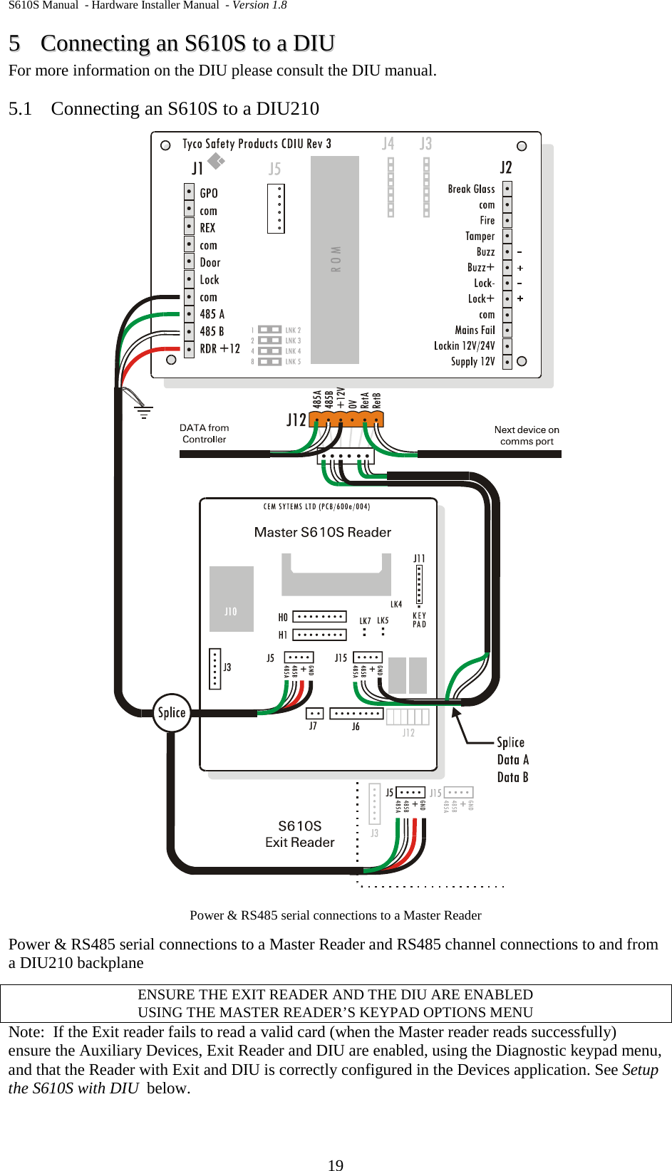 S610S Manual  - Hardware Installer Manual  - Version 1.8 19 55  CCoonnnneeccttiinngg  aann  SS661100SS  ttoo  aa  DDIIUU  For more information on the DIU please consult the DIU manual. 5.1 Connecting an S610S to a DIU210  Power &amp; RS485 serial connections to a Master Reader Power &amp; RS485 serial connections to a Master Reader and RS485 channel connections to and from a DIU210 backplane ENSURE THE EXIT READER AND THE DIU ARE ENABLED USING THE MASTER READER’S KEYPAD OPTIONS MENU Note:  If the Exit reader fails to read a valid card (when the Master reader reads successfully) ensure the Auxiliary Devices, Exit Reader and DIU are enabled, using the Diagnostic keypad menu, and that the Reader with Exit and DIU is correctly configured in the Devices application. See Setup the S610S with DIU  below. 