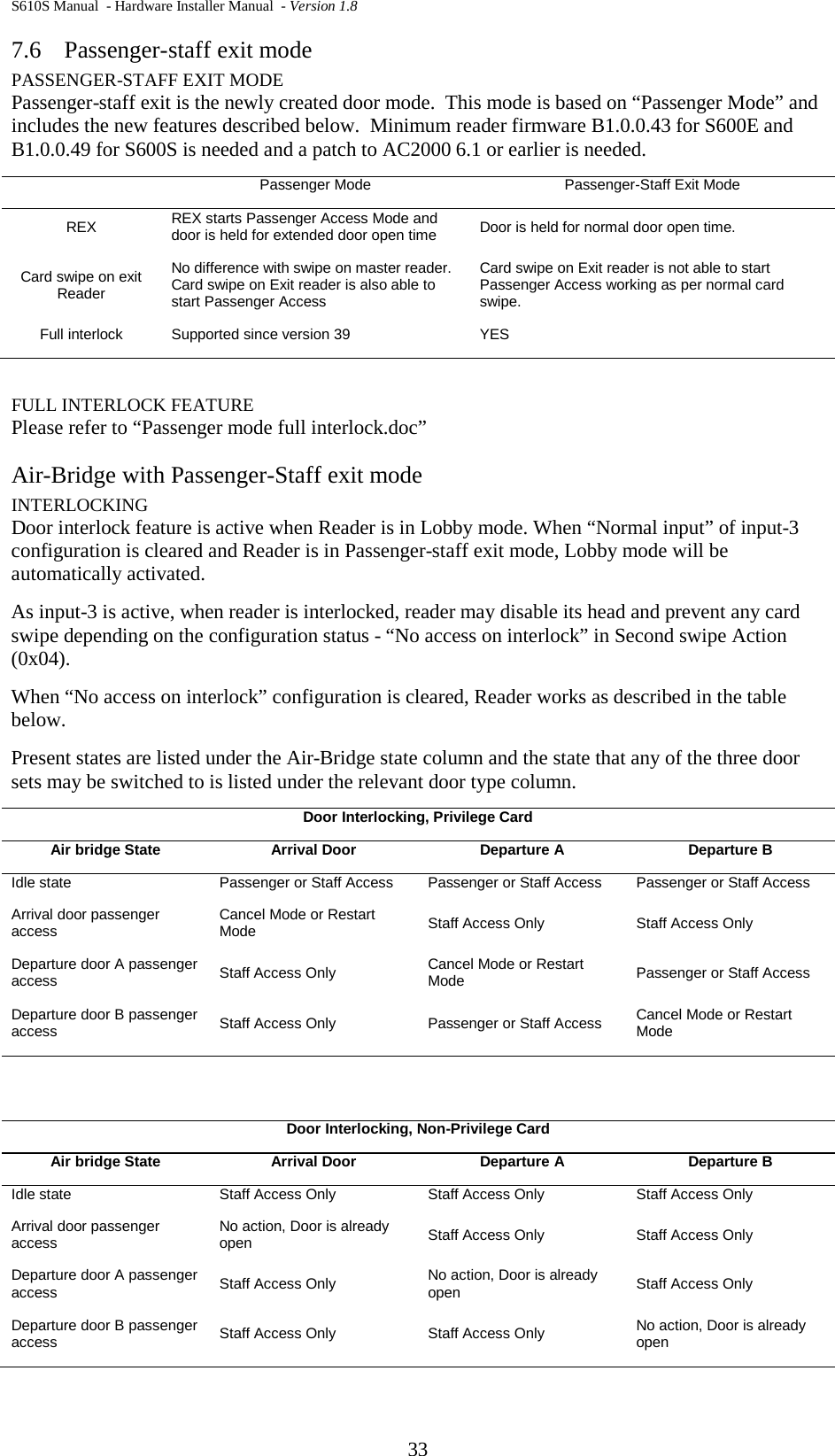 S610S Manual  - Hardware Installer Manual  - Version 1.8 33 7.6 Passenger-staff exit mode PASSENGER-STAFF EXIT MODE Passenger-staff exit is the newly created door mode.  This mode is based on “Passenger Mode” and includes the new features described below.  Minimum reader firmware B1.0.0.43 for S600E and B1.0.0.49 for S600S is needed and a patch to AC2000 6.1 or earlier is needed.  Passenger Mode Passenger-Staff Exit Mode REX  REX starts Passenger Access Mode and door is held for extended door open time Door is held for normal door open time.  Card swipe on exit Reader No difference with swipe on master reader. Card swipe on Exit reader is also able to start Passenger Access Card swipe on Exit reader is not able to start Passenger Access working as per normal card swipe.  Full interlock Supported since version 39 YES  FULL INTERLOCK FEATURE Please refer to “Passenger mode full interlock.doc” Air-Bridge with Passenger-Staff exit mode INTERLOCKING Door interlock feature is active when Reader is in Lobby mode. When “Normal input” of input-3 configuration is cleared and Reader is in Passenger-staff exit mode, Lobby mode will be automatically activated.  As input-3 is active, when reader is interlocked, reader may disable its head and prevent any card swipe depending on the configuration status - “No access on interlock” in Second swipe Action (0x04).  When “No access on interlock” configuration is cleared, Reader works as described in the table below.  Present states are listed under the Air-Bridge state column and the state that any of the three door sets may be switched to is listed under the relevant door type column.  Door Interlocking, Privilege Card Air bridge State Arrival Door Departure A Departure B Idle state Passenger or Staff Access Passenger or Staff Access Passenger or Staff Access Arrival door passenger access Cancel Mode or Restart Mode Staff Access Only Staff Access Only Departure door A passenger access Staff Access Only Cancel Mode or Restart Mode Passenger or Staff Access Departure door B passenger access Staff Access Only Passenger or Staff Access Cancel Mode or Restart Mode   Door Interlocking, Non-Privilege Card Air bridge State Arrival Door Departure A Departure B Idle state Staff Access Only Staff Access Only Staff Access Only Arrival door passenger access No action, Door is already open Staff Access Only Staff Access Only Departure door A passenger access Staff Access Only No action, Door is already open Staff Access Only Departure door B passenger access Staff Access Only Staff Access Only No action, Door is already open  