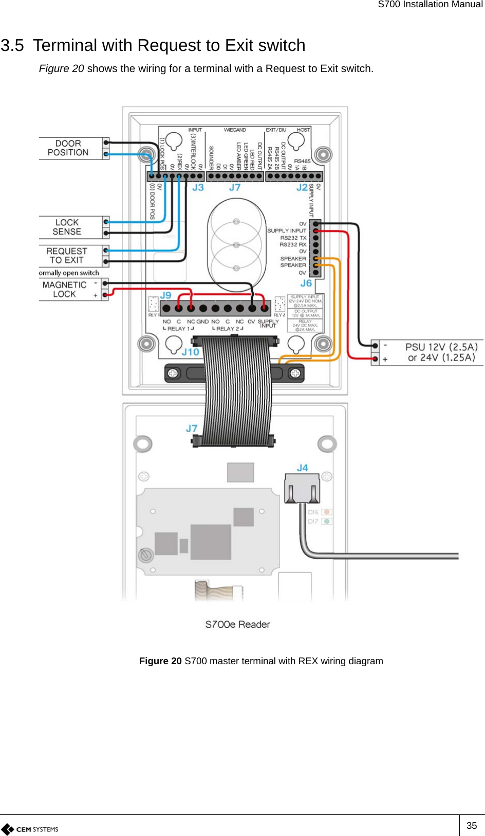 S700 Installation Manual353.5 Terminal with Request to Exit switchFigure 20 shows the wiring for a terminal with a Request to Exit switch.Figure 20 S700 master terminal with REX wiring diagram