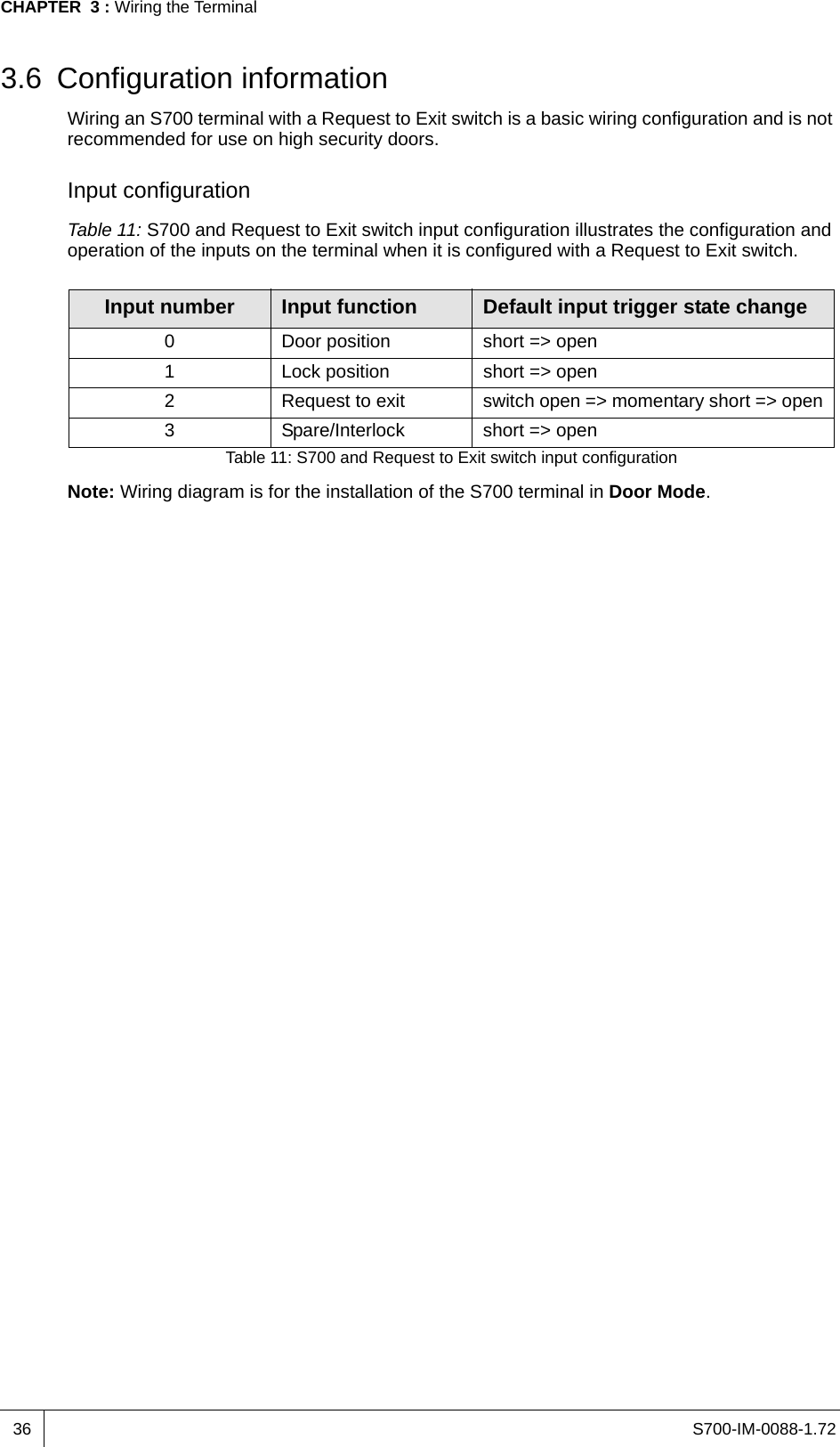S700-IM-0088-1.72CHAPTER  3 : Wiring the Terminal363.6 Configuration informationWiring an S700 terminal with a Request to Exit switch is a basic wiring configuration and is not recommended for use on high security doors.Input configurationTable 11: S700 and Request to Exit switch input configuration illustrates the configuration and operation of the inputs on the terminal when it is configured with a Request to Exit switch.Note: Wiring diagram is for the installation of the S700 terminal in Door Mode.Input number Input function Default input trigger state change0 Door position short =&gt; open1 Lock position short =&gt; open2 Request to exit switch open =&gt; momentary short =&gt; open3 Spare/Interlock short =&gt; openTable 11: S700 and Request to Exit switch input configuration