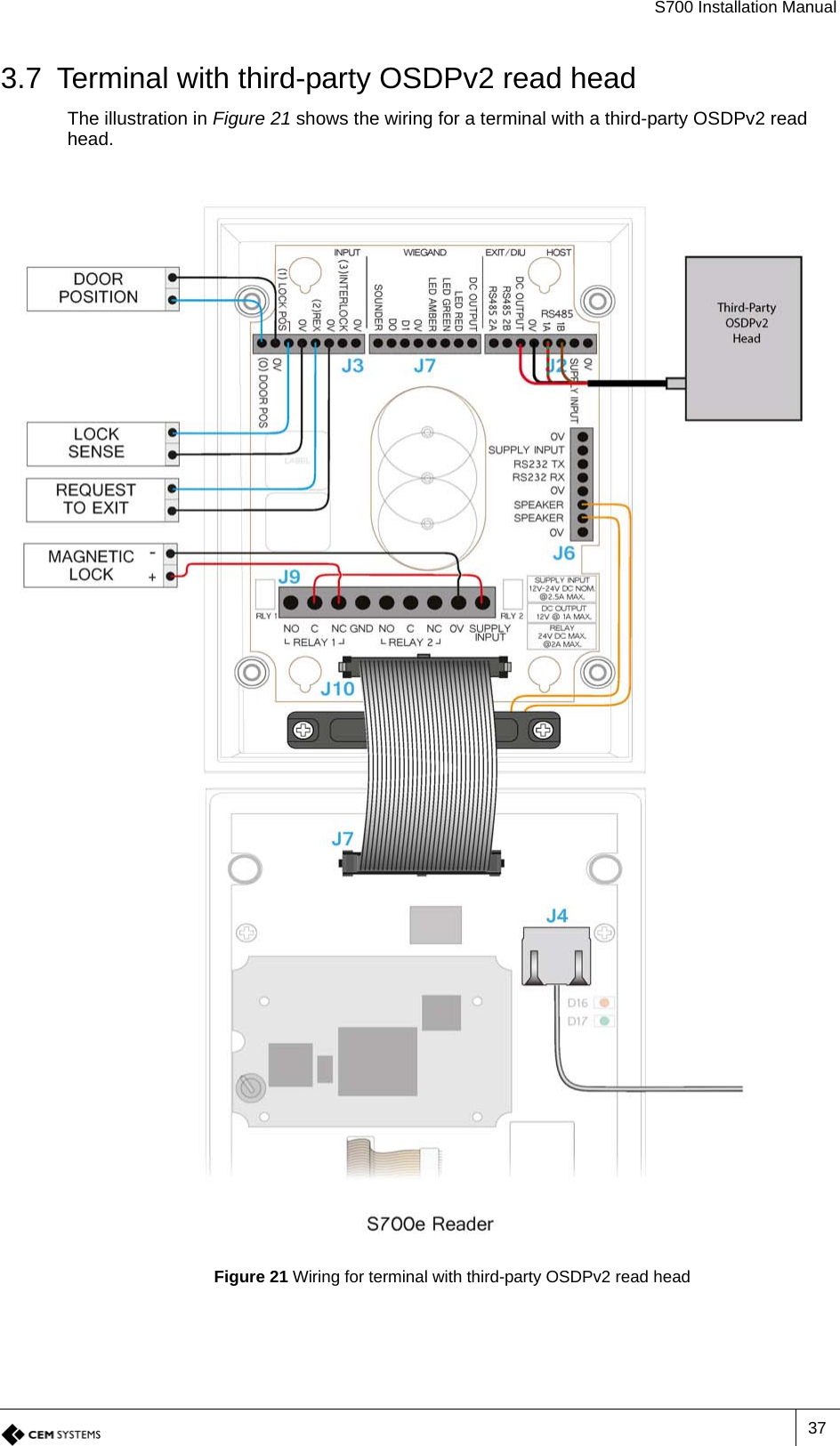 S700 Installation Manual373.7 Terminal with third-party OSDPv2 read headThe illustration in Figure 21 shows the wiring for a terminal with a third-party OSDPv2 read head.Figure 21 Wiring for terminal with third-party OSDPv2 read head