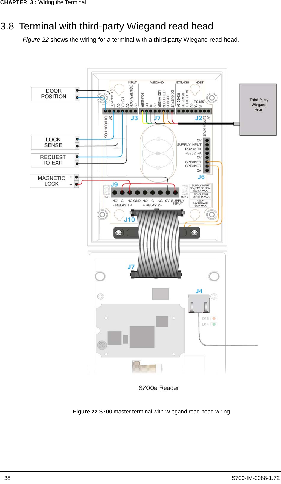 S700-IM-0088-1.72CHAPTER  3 : Wiring the Terminal383.8 Terminal with third-party Wiegand read headFigure 22 shows the wiring for a terminal with a third-party Wiegand read head.Figure 22 S700 master terminal with Wiegand read head wiring