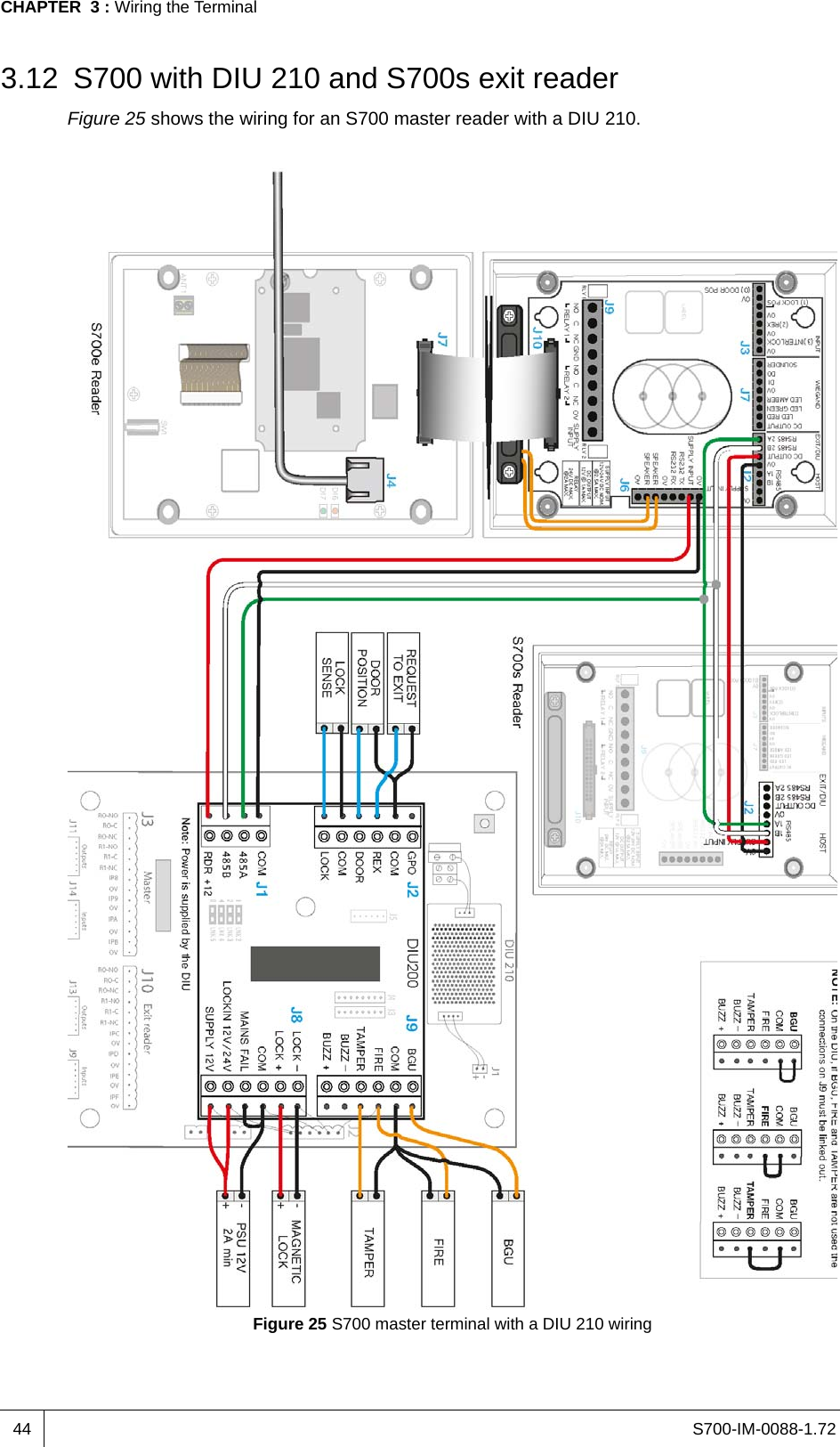 S700-IM-0088-1.72CHAPTER  3 : Wiring the Terminal443.12 S700 with DIU 210 and S700s exit readerFigure 25 shows the wiring for an S700 master reader with a DIU 210.Figure 25 S700 master terminal with a DIU 210 wiring