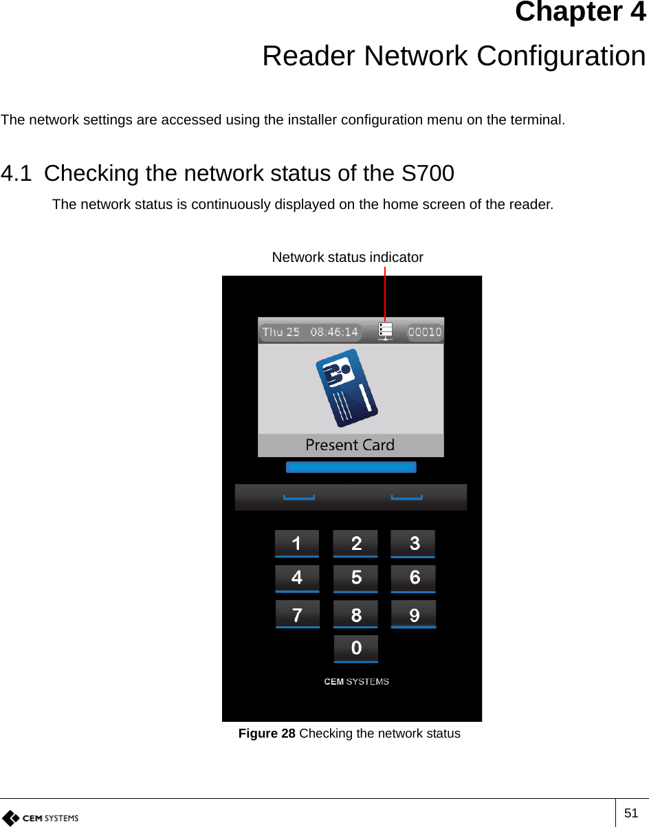 51Chapter 4 Reader Network ConfigurationThe network settings are accessed using the installer configuration menu on the terminal.4.1 Checking the network status of the S700The network status is continuously displayed on the home screen of the reader.Figure 28 Checking the network statusNetwork status indicator