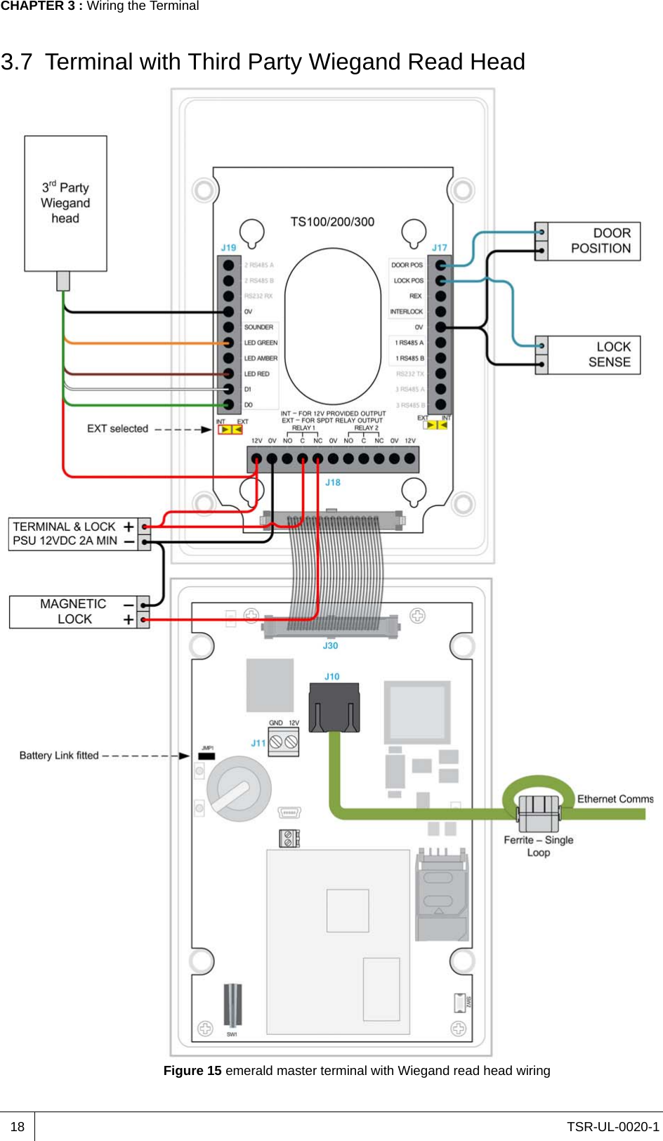 TSR-UL-0020-1CHAPTER 3 : Wiring the Terminal183.7 Terminal with Third Party Wiegand Read HeadFigure 15 emerald master terminal with Wiegand read head wiring