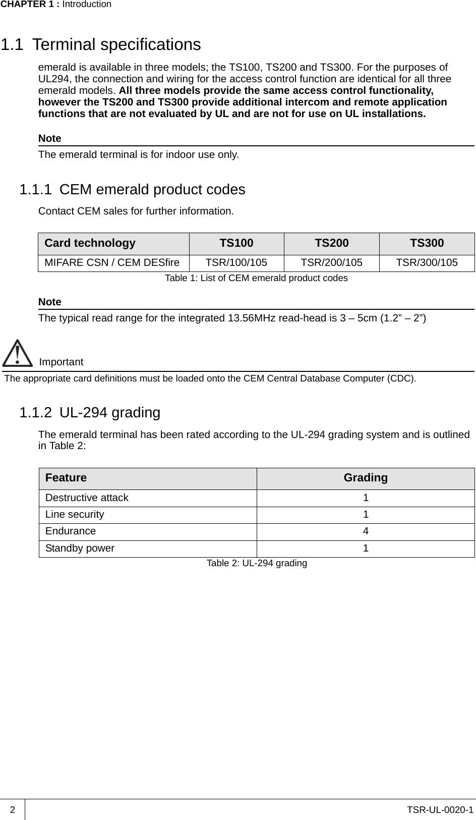 TSR-UL-0020-1CHAPTER 1 : Introduction21.1 Terminal specificationsemerald is available in three models; the TS100, TS200 and TS300. For the purposes of UL294, the connection and wiring for the access control function are identical for all three emerald models. All three models provide the same access control functionality, however the TS200 and TS300 provide additional intercom and remote application functions that are not evaluated by UL and are not for use on UL installations. NoteThe emerald terminal is for indoor use only.1.1.1 CEM emerald product codesContact CEM sales for further information.NoteThe typical read range for the integrated 13.56MHz read-head is 3 – 5cm (1.2” – 2”)ImportantThe appropriate card definitions must be loaded onto the CEM Central Database Computer (CDC).1.1.2 UL-294 gradingThe emerald terminal has been rated according to the UL-294 grading system and is outlined in Table 2:Card technology TS100 TS200 TS300MIFARE CSN / CEM DESfire TSR/100/105 TSR/200/105 TSR/300/105Table 1: List of CEM emerald product codesFeature GradingDestructive attack 1Line security 1Endurance 4Standby power 1Table 2: UL-294 grading