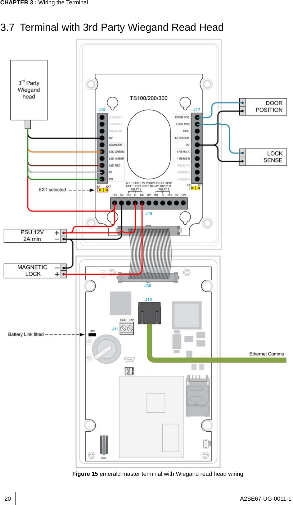 A2SE67-UG-0011-1CHAPTER 3 : Wiring the Terminal203.7 Terminal with 3rd Party Wiegand Read HeadFigure 15 emerald master terminal with Wiegand read head wiring