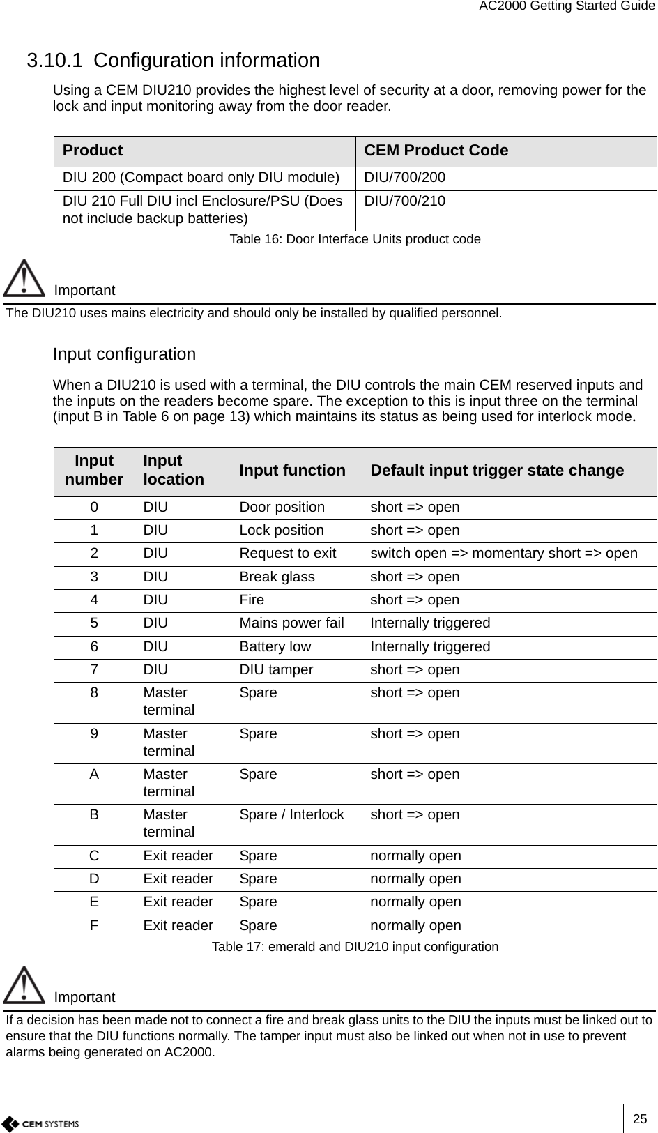 AC2000 Getting Started Guide253.10.1 Configuration informationUsing a CEM DIU210 provides the highest level of security at a door, removing power for the lock and input monitoring away from the door reader. ImportantThe DIU210 uses mains electricity and should only be installed by qualified personnel.Input configurationWhen a DIU210 is used with a terminal, the DIU controls the main CEM reserved inputs and the inputs on the readers become spare. The exception to this is input three on the terminal (input B in Table 6 on page 13) which maintains its status as being used for interlock mode.ImportantIf a decision has been made not to connect a fire and break glass units to the DIU the inputs must be linked out to ensure that the DIU functions normally. The tamper input must also be linked out when not in use to prevent alarms being generated on AC2000.Product CEM Product CodeDIU 200 (Compact board only DIU module) DIU/700/200DIU 210 Full DIU incl Enclosure/PSU (Does not include backup batteries) DIU/700/210Table 16: Door Interface Units product codeInput number Input location Input function Default input trigger state change0 DIU Door position short =&gt; open1 DIU Lock position short =&gt; open2 DIU Request to exit switch open =&gt; momentary short =&gt; open3 DIU Break glass short =&gt; open4 DIU Fire short =&gt; open5 DIU Mains power fail Internally triggered6 DIU Battery low Internally triggered7 DIU DIU tamper short =&gt; open8Master terminal Spare short =&gt; open9Master terminal Spare short =&gt; openAMaster terminal Spare short =&gt; openBMaster terminal Spare / Interlock short =&gt; openC Exit reader Spare normally openD Exit reader Spare normally openE Exit reader Spare normally openF Exit reader Spare normally openTable 17: emerald and DIU210 input configuration