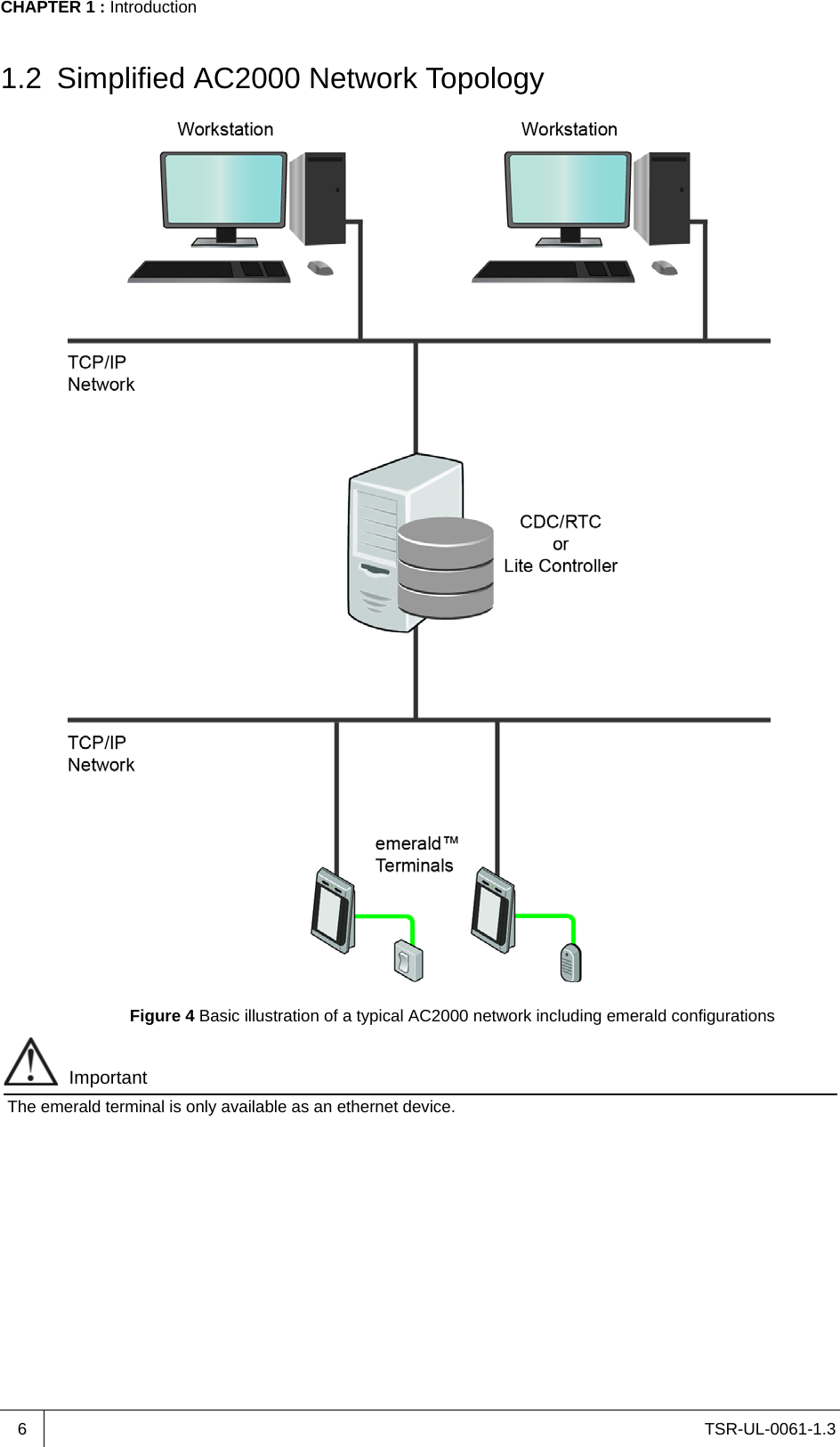 TSR-UL-0061-1.3 CHAPTER 1 : Introduction61.2 Simplified AC2000 Network TopologyFigure 4 Basic illustration of a typical AC2000 network including emerald configurationsImportantThe emerald terminal is only available as an ethernet device.