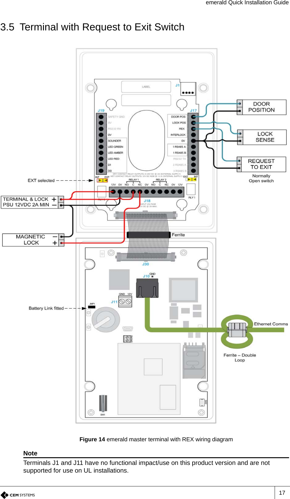 emerald Quick Installation Guide173.5 Terminal with Request to Exit SwitchFigure 14 emerald master terminal with REX wiring diagramNoteTerminals J1 and J11 have no functional impact/use on this product version and are not supported for use on UL installations.