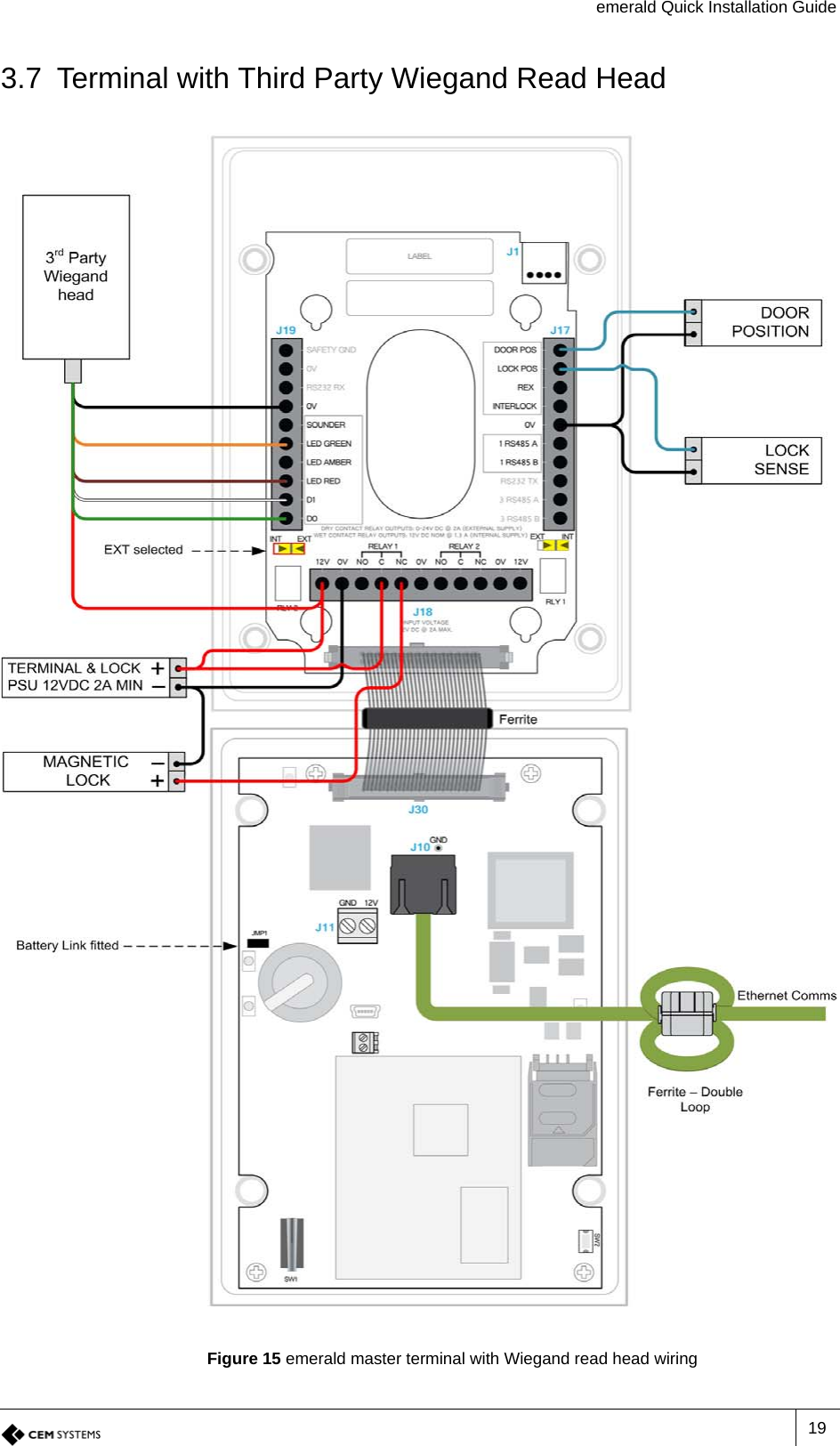 emerald Quick Installation Guide193.7 Terminal with Third Party Wiegand Read HeadFigure 15 emerald master terminal with Wiegand read head wiring