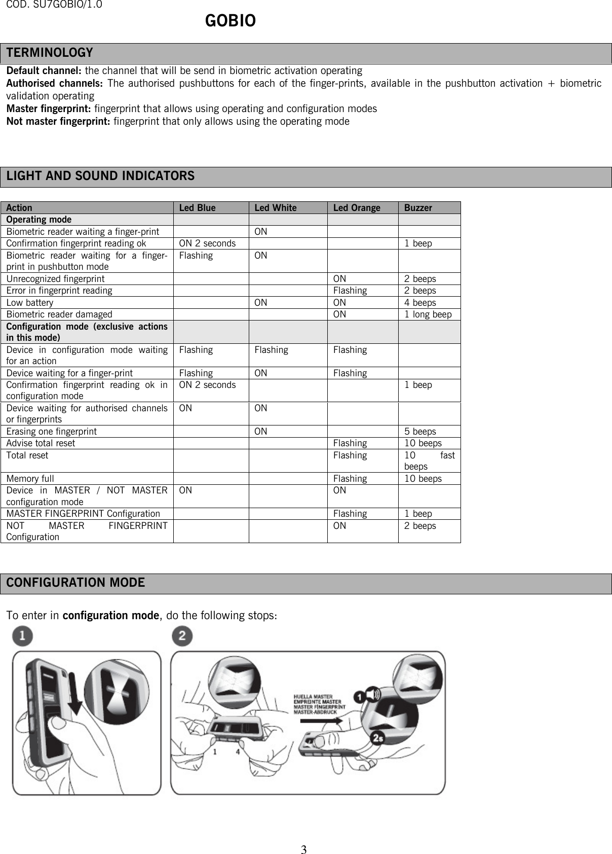 COD. SU7GOBIO/1.0  GOBIO   3TERMINOLOGY Default channel: the channel that will be send in biometric activation operating Authorised channels: The authorised pushbuttons for each of the finger-prints, available in the pushbutton activation + biometric validation operating  Master fingerprint: fingerprint that allows using operating and configuration modes  Not master fingerprint: fingerprint that only allows using the operating mode     LIGHT AND SOUND INDICATORS  Action  Led Blue  Led White  Led Orange  Buzzer Operating mode         Biometric reader waiting a finger-print   ON    Confirmation fingerprint reading ok  ON 2 seconds    1 beep Biometric reader waiting for a finger-print in pushbutton mode  Flashing ON    Unrecognized fingerprint     ON 2 beeps Error in fingerprint reading      Flashing 2 beeps Low battery    ON  ON  4 beeps Biometric reader damaged      ON  1 long beep  Configuration mode (exclusive actions in this mode)        Device in configuration mode waiting for an action  Flashing Flashing Flashing  Device waiting for a finger-print   Flashing ON Flashing  Confirmation fingerprint reading ok in configuration mode  ON 2 seconds     1 beep Device waiting for authorised channels or fingerprints  ON ON    Erasing one fingerprint    ON    5 beeps Advise total reset      Flashing 10 beeps  Total reset      Flashing 10 fast beeps  Memory full      Flashing 10 beeps Device in MASTER / NOT MASTER configuration mode  ON   ON  MASTER FINGERPRINT Configuration      Flashing 1 beep NOT MASTER FINGERPRINT Configuration    ON 2 beeps   CONFIGURATION MODE  To enter in configuration mode, do the following stops:      