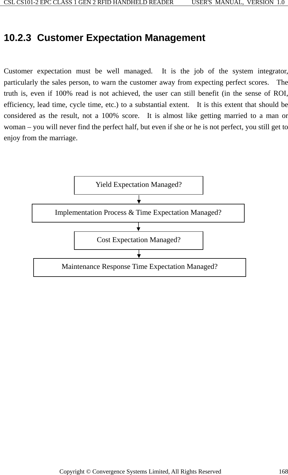 CSL CS101-2 EPC CLASS 1 GEN 2 RFID HANDHELD READER  USER&apos;S  MANUAL,  VERSION  1.0 Copyright © Convergence Systems Limited, All Rights Reserved  16810.2.3  Customer Expectation Management  Customer expectation must be well managed.  It is the job of the system integrator, particularly the sales person, to warn the customer away from expecting perfect scores.    The truth is, even if 100% read is not achieved, the user can still benefit (in the sense of ROI, efficiency, lead time, cycle time, etc.) to a substantial extent.    It is this extent that should be considered as the result, not a 100% score.  It is almost like getting married to a man or woman – you will never find the perfect half, but even if she or he is not perfect, you still get to enjoy from the marriage.                              Yield Expectation Managed? Cost Expectation Managed? Implementation Process &amp; Time Expectation Managed? Maintenance Response Time Expectation Managed? 