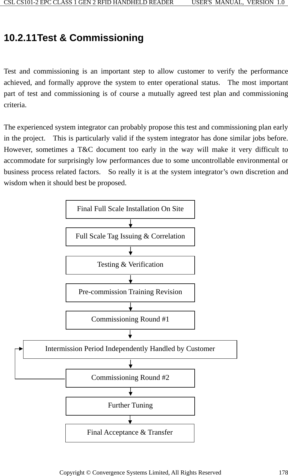 CSL CS101-2 EPC CLASS 1 GEN 2 RFID HANDHELD READER  USER&apos;S  MANUAL,  VERSION  1.0 Copyright © Convergence Systems Limited, All Rights Reserved  17810.2.11 Test &amp; Commissioning  Test and commissioning is an important step to allow customer to verify the performance achieved, and formally approve the system to enter operational status.  The most important part of test and commissioning is of course a mutually agreed test plan and commissioning criteria.    The experienced system integrator can probably propose this test and commissioning plan early in the project.    This is particularly valid if the system integrator has done similar jobs before.   However, sometimes a T&amp;C document too early in the way will make it very difficult to accommodate for surprisingly low performances due to some uncontrollable environmental or business process related factors.    So really it is at the system integrator’s own discretion and wisdom when it should best be proposed.                             Testing &amp; Verification Commissioning Round #2 Pre-commission Training Revision Commissioning Round #1 Further Tuning Final Acceptance &amp; Transfer Intermission Period Independently Handled by Customer Final Full Scale Installation On Site Full Scale Tag Issuing &amp; Correlation 