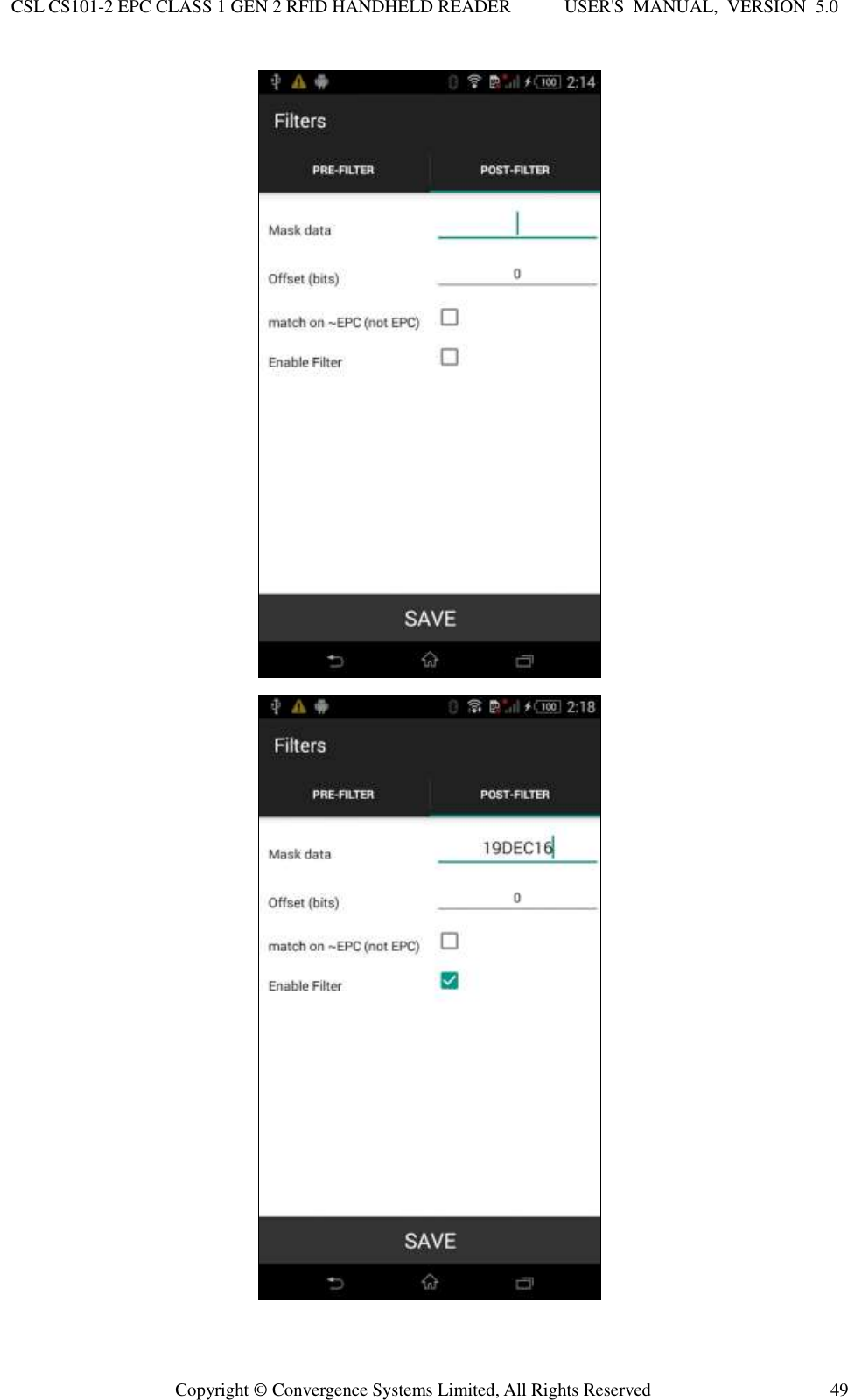 CSL CS101-2 EPC CLASS 1 GEN 2 RFID HANDHELD READER USER&apos;S  MANUAL,  VERSION  5.0  Copyright ©  Convergence Systems Limited, All Rights Reserved 49   