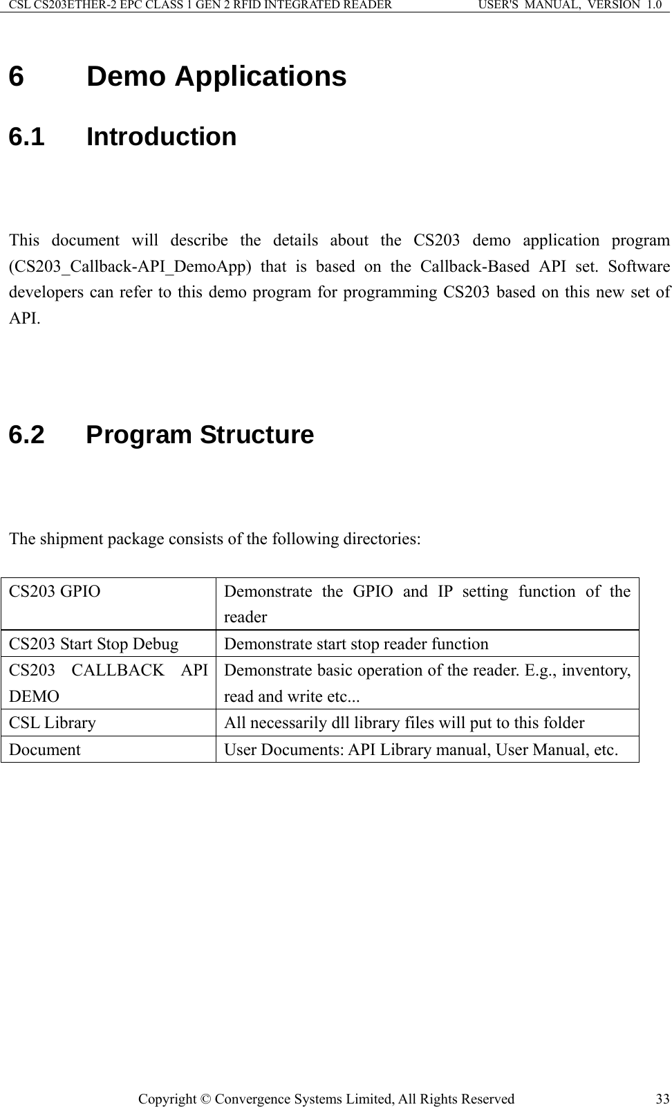 CSL CS203ETHER-2 EPC CLASS 1 GEN 2 RFID INTEGRATED READER  USER&apos;S  MANUAL,  VERSION  1.0 6  Demo Applications 6.1  Introduction   This document will describe the details about the CS203 demo application program (CS203_Callback-API_DemoApp) that is based on the Callback-Based API set. Software developers can refer to this demo program for programming CS203 based on this new set of API.    6.2  Program Structure   The shipment package consists of the following directories:  CS203 GPIO  Demonstrate the GPIO and IP setting function of the reader CS203 Start Stop Debug  Demonstrate start stop reader function CS203 CALLBACK API DEMO Demonstrate basic operation of the reader. E.g., inventory, read and write etc... CSL Library  All necessarily dll library files will put to this folder Document  User Documents: API Library manual, User Manual, etc.  Copyright © Convergence Systems Limited, All Rights Reserved  33