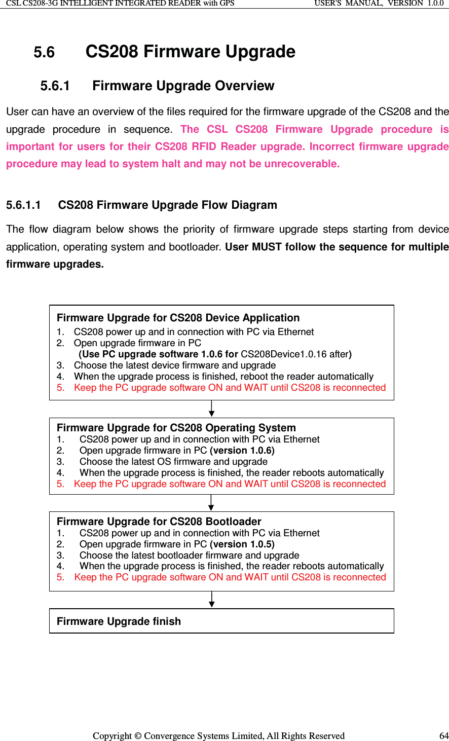 CSL CS208-3G INTELLIGENT INTEGRATED READER with GPS  USER&apos;S  MANUAL,  VERSION  1.0.0  Copyright © Convergence Systems Limited, All Rights Reserved  645.6  CS208 Firmware Upgrade 5.6.1  Firmware Upgrade Overview User can have an overview of the files required for the firmware upgrade of the CS208 and the upgrade procedure in sequence. The CSL CS208 Firmware Upgrade procedure is important for users for their CS208 RFID Reader upgrade. Incorrect firmware upgrade procedure may lead to system halt and may not be unrecoverable.  5.6.1.1  CS208 Firmware Upgrade Flow Diagram The flow diagram below shows the priority of firmware upgrade steps starting from device application, operating system and bootloader. User MUST follow the sequence for multiple firmware upgrades.     Firmware Upgrade for CS208 Device Application 1.  CS208 power up and in connection with PC via Ethernet 2.  Open upgrade firmware in PC   (Use PC upgrade software 1.0.6 for CS208Device1.0.16 after) 3.  Choose the latest device firmware and upgrade 4.  When the upgrade process is finished, reboot the reader automatically 5.  Keep the PC upgrade software ON and WAIT until CS208 is reconnected Firmware Upgrade for CS208 Operating System 1.  CS208 power up and in connection with PC via Ethernet 2.  Open upgrade firmware in PC (version 1.0.6) 3.  Choose the latest OS firmware and upgrade 4.  When the upgrade process is finished, the reader reboots automatically 5.  Keep the PC upgrade software ON and WAIT until CS208 is reconnected Firmware Upgrade for CS208 Bootloader 1.  CS208 power up and in connection with PC via Ethernet 2.  Open upgrade firmware in PC (version 1.0.5) 3.  Choose the latest bootloader firmware and upgrade 4.  When the upgrade process is finished, the reader reboots automatically 5.    Keep the PC upgrade software ON and WAIT until CS208 is reconnected Firmware Upgrade finish 