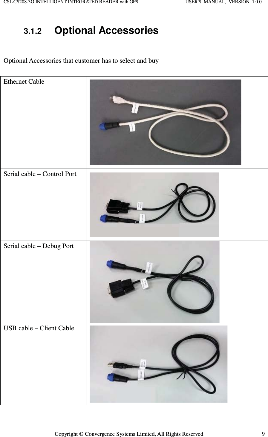 CSL CS208-3G INTELLIGENT INTEGRATED READER with GPS  USER&apos;S  MANUAL,  VERSION  1.0.0  Copyright © Convergence Systems Limited, All Rights Reserved  93.1.2 Optional Accessories  Optional Accessories that customer has to select and buy  Ethernet Cable   Serial cable – Control Port   Serial cable – Debug Port   USB cable – Client Cable   