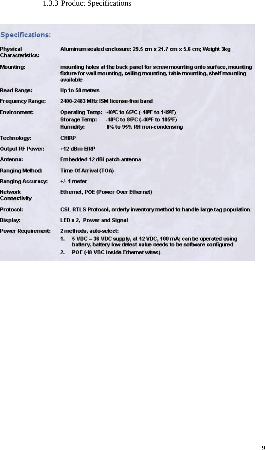  9 1.3.3 Product Specifications     