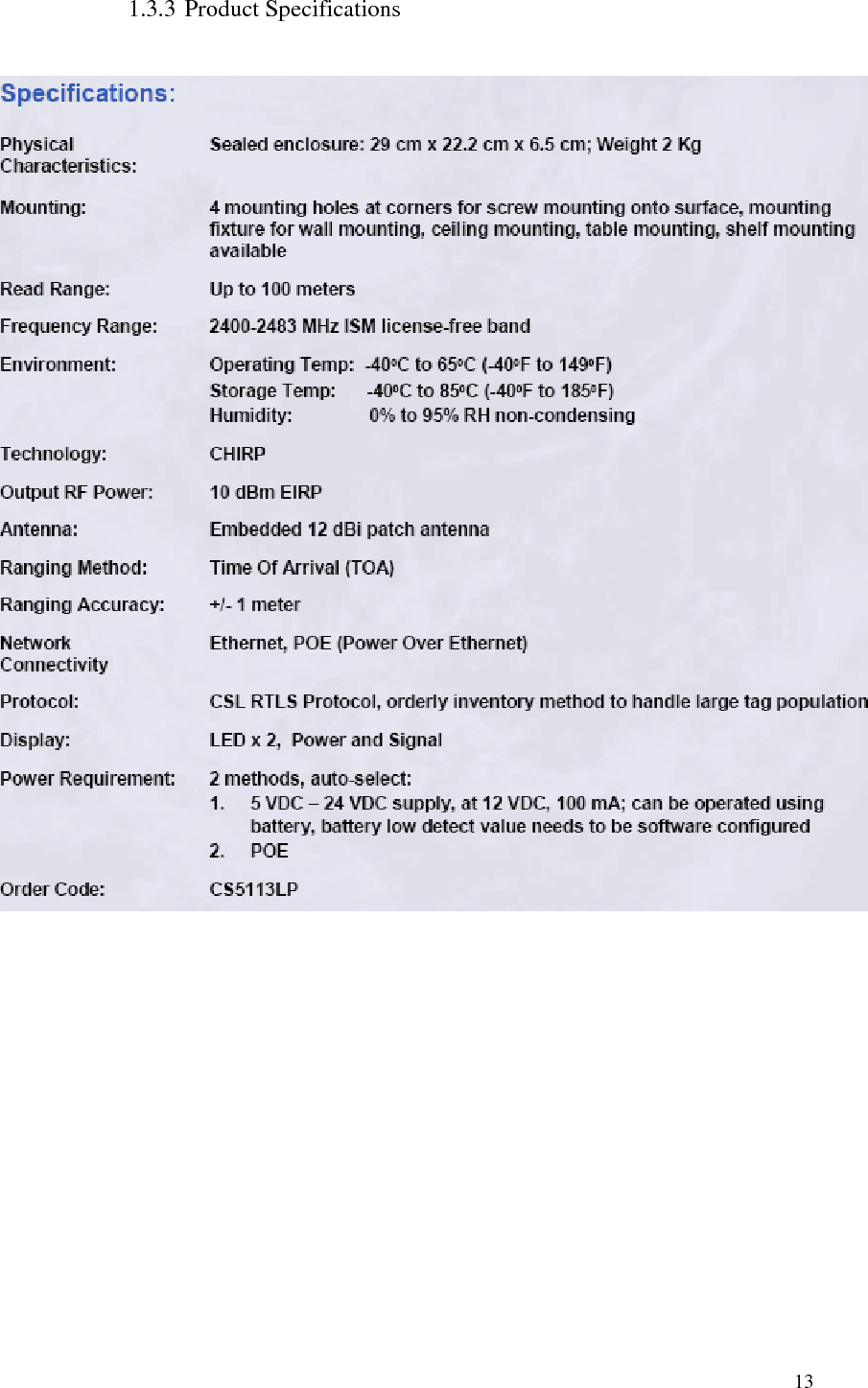   13  1.3.3 Product Specifications    