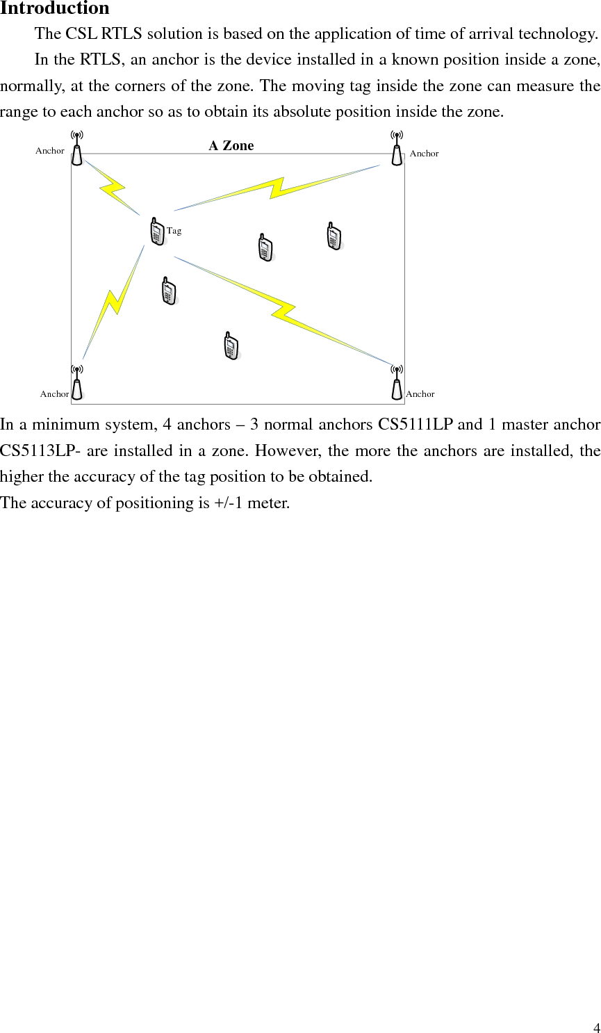   4 Introduction The CSL RTLS solution is based on the application of time of arrival technology. In the RTLS, an anchor is the device installed in a known position inside a zone, normally, at the corners of the zone. The moving tag inside the zone can measure the range to each anchor so as to obtain its absolute position inside the zone. A ZoneAnchor AnchorAnchorAnchorTag In a minimum system, 4 anchors – 3 normal anchors CS5111LP and 1 master anchor CS5113LP- are installed in a zone. However, the more the anchors are installed, the higher the accuracy of the tag position to be obtained.   The accuracy of positioning is +/-1 meter. 