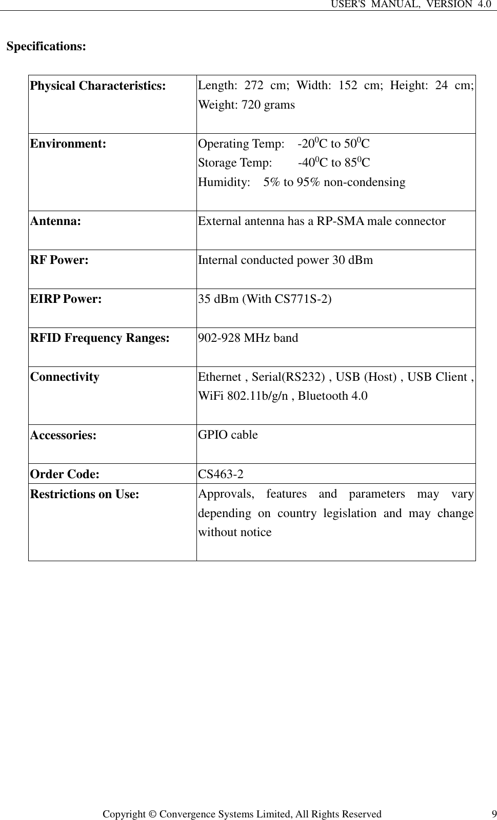 Page 9 of Convergence Systems CS463C1GEN2 RFID Reader User Manual CSL CS101 2 EPC Class 1 Gen 2 RFID Handheld Reader