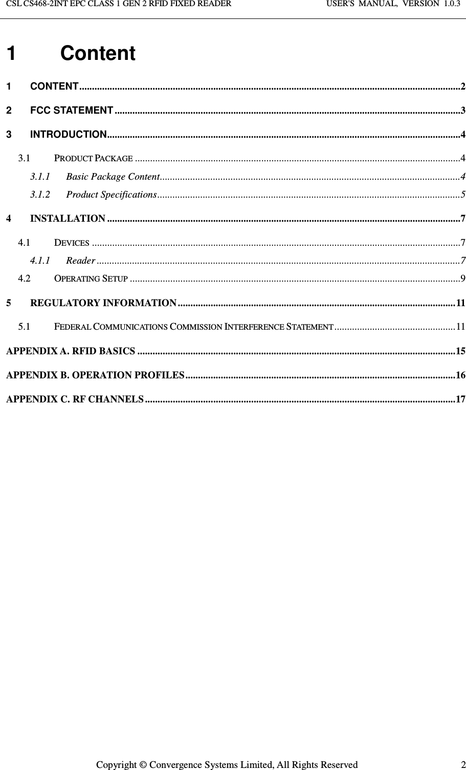 Page 2 of Convergence Systems CS468INTC1GEN2 RFID Reader User Manual User  Manual