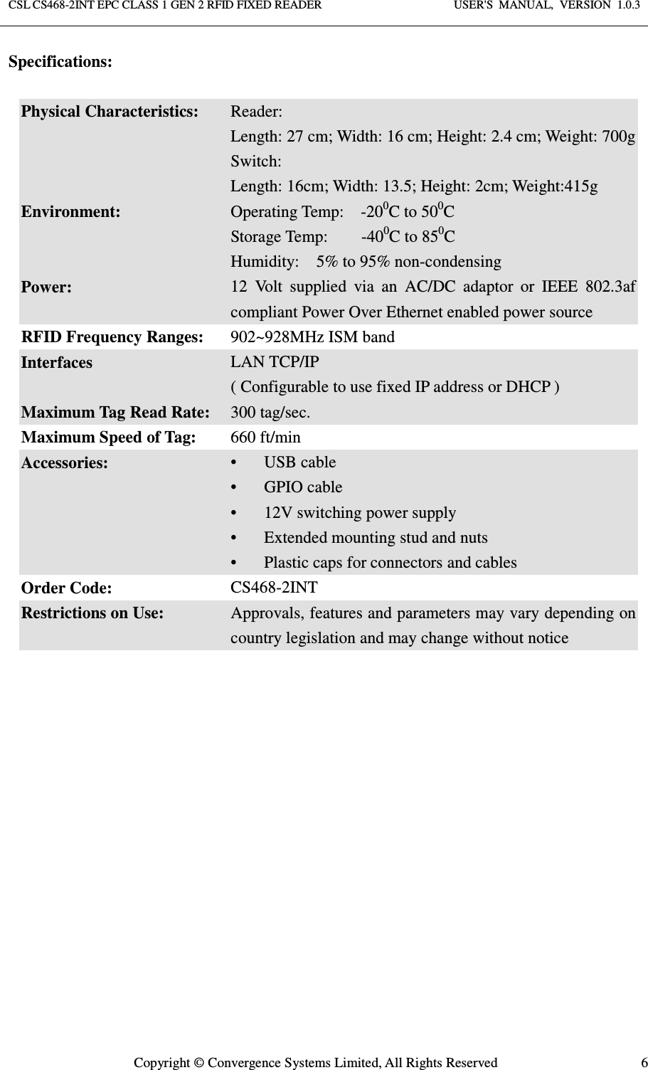 Page 6 of Convergence Systems CS468INTC1GEN2 RFID Reader User Manual User  Manual