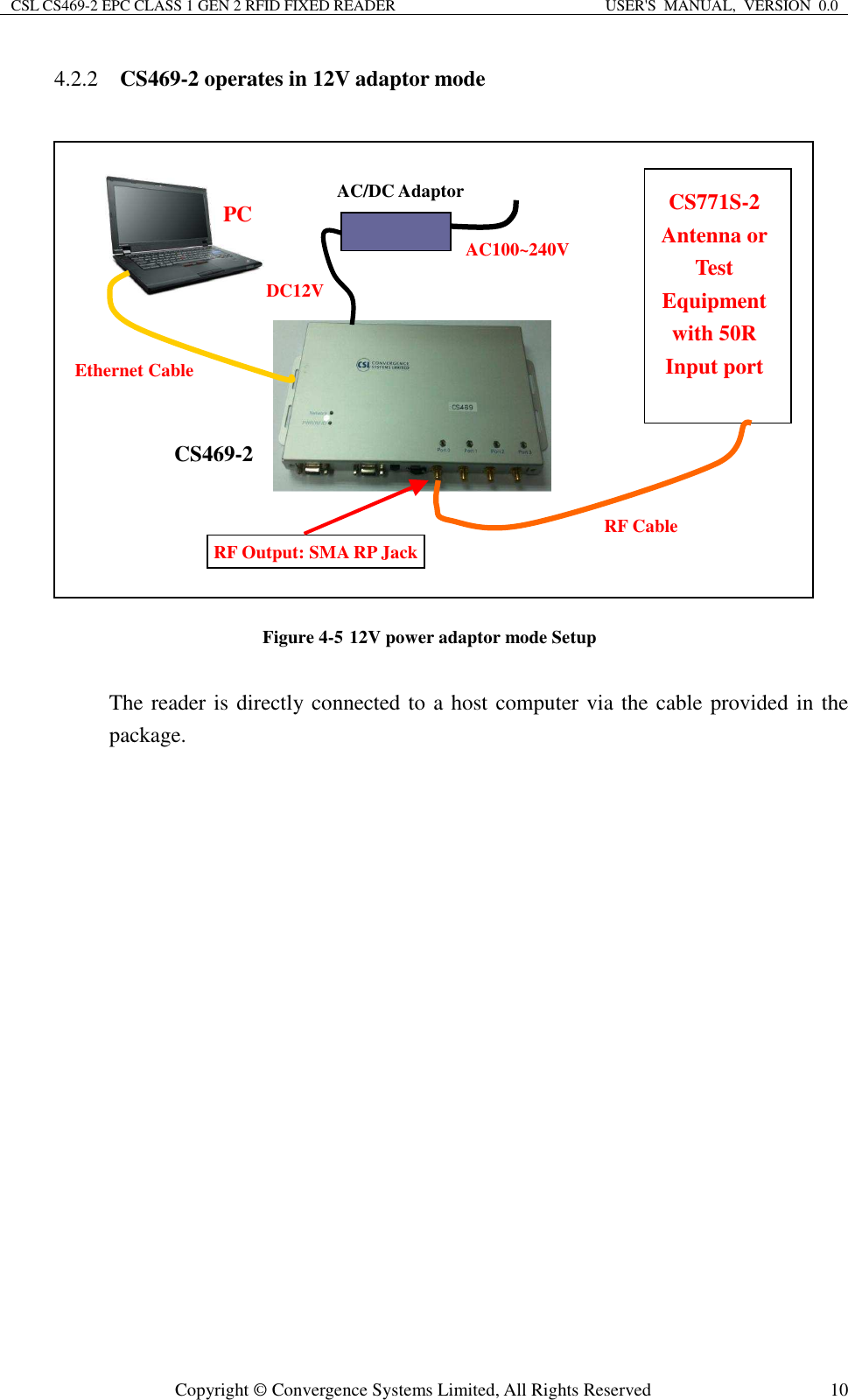 CSL CS469-2 EPC CLASS 1 GEN 2 RFID FIXED READER  USER&apos;S  MANUAL,  VERSION  0.0  Copyright © Convergence Systems Limited, All Rights Reserved  104.2.2    CS469-2 operates in 12V adaptor mode                 Figure 4-5 12V power adaptor mode Setup  The reader is directly connected to a host computer via the cable provided in the package. PC CS469-2 Ethernet Cable CS771S-2 Antenna or Test Equipment with 50R Input port RF Cable AC/DC Adaptor DC12V AC100~240V RF Output: SMA RP Jack 