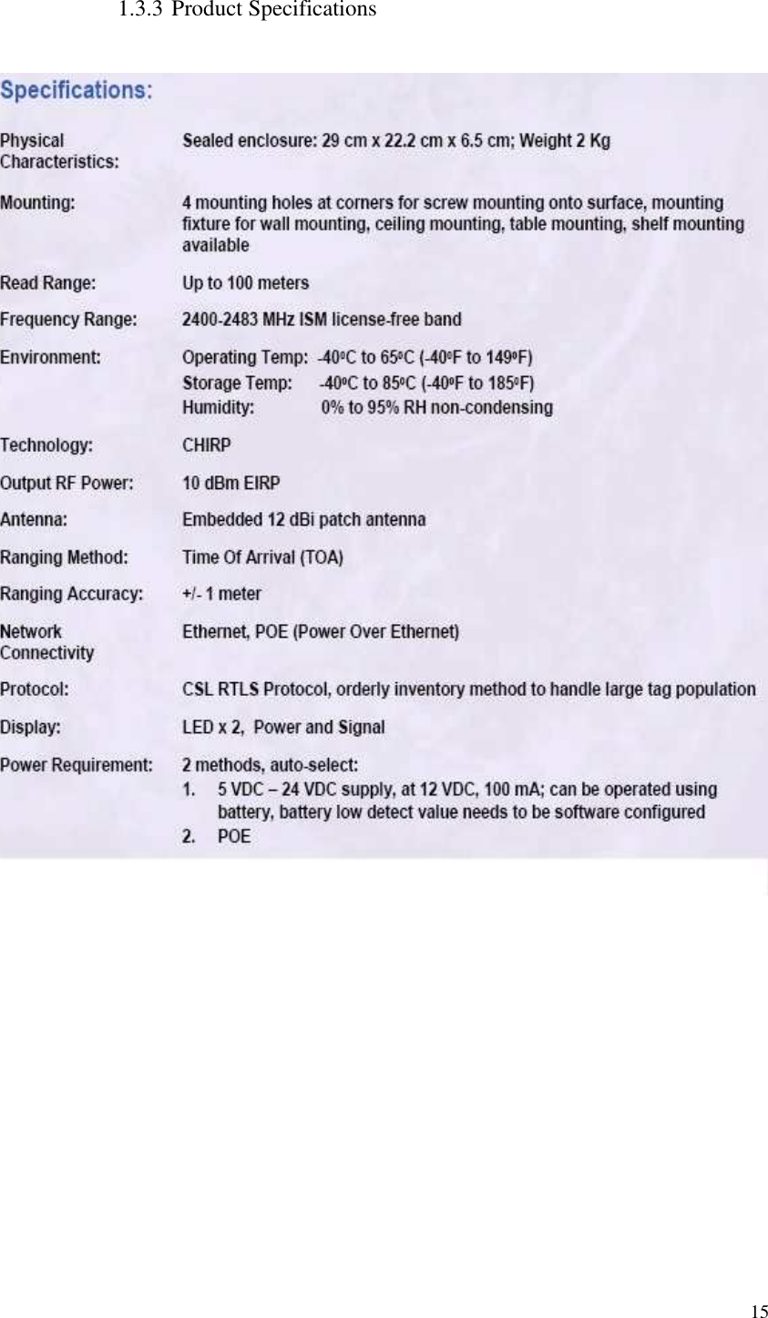   15  1.3.3 Product Specifications    