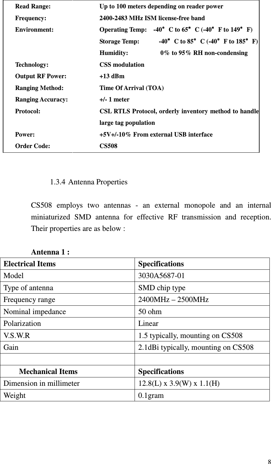   8Read Range: Up to 100 meters depending on reader power Frequency: 2400-2483 MHz ISM license-free band Environment: Operating Temp:    -40 C to 65 C (-40 F to 149 F) Storage Temp:            -40 C to 85 C (-40 F to 185 F) Humidity:                    0% to 95% RH non-condensing Technology: CSS modulation Output RF Power: +13 dBm   Ranging Method: Time Of Arrival (TOA) Ranging Accuracy: +/- 1 meter Protocol: CSL RTLS Protocol, orderly inventory method to handle large tag population Power: +5V+/-10% From external USB interface Order Code: CS508   1.3.4 Antenna Properties  CS508  employs  two  antennas  -  an  external  monopole  and  an  internal miniaturized  SMD  antenna  for  effective  RF  transmission  and  reception. Their properties are as below :  Antenna 1 : Electrical Items  Specifications Model  3030A5687-01 Type of antenna  SMD chip type Frequency range  2400MHz – 2500MHz Nominal impedance  50 ohm Polarization  Linear V.S.W.R  1.5 typically, mounting on CS508 Gain  2.1dBi typically, mounting on CS508    Mechanical Items  Specifications Dimension in millimeter  12.8(L) x 3.9(W) x 1.1(H) Weight  0.1gram  